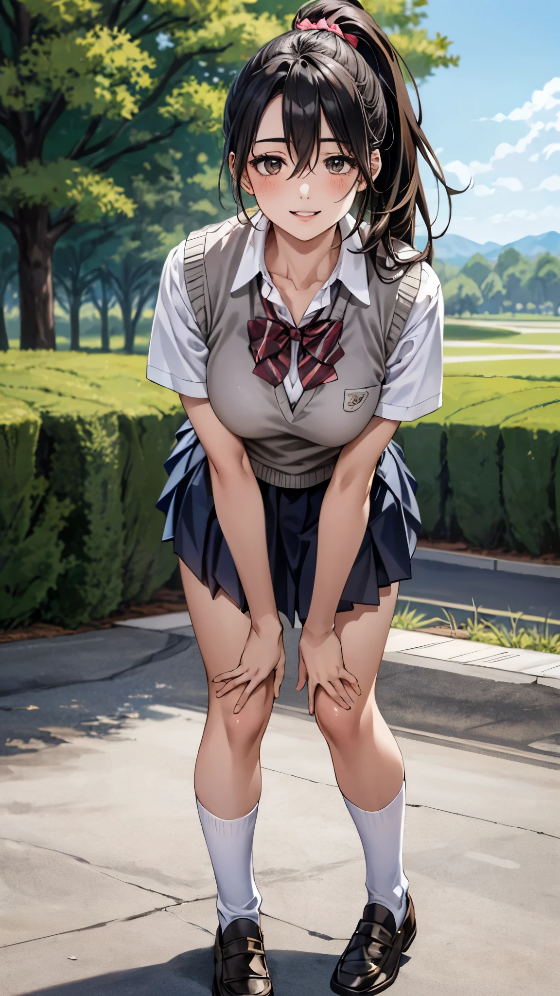 nsfw,suzune horikita,forest,Under the tree,Show the whole body,front,from the front,uniform,Red blazer,Hair ribbon, black knee-high socks,tie,((,Pee,Urinating,)),squat,女genital,genital,