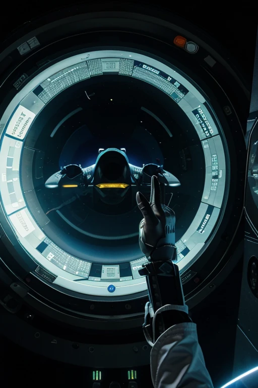 He is doing research on a virtual LED screen , he touches the virtual images with his fingers on the virtual LED screen, In the image we have 2 Astronauts in space uniform piloting a spacecraft, view inside the spacecraft. A humanoid robot is nearby helping. 