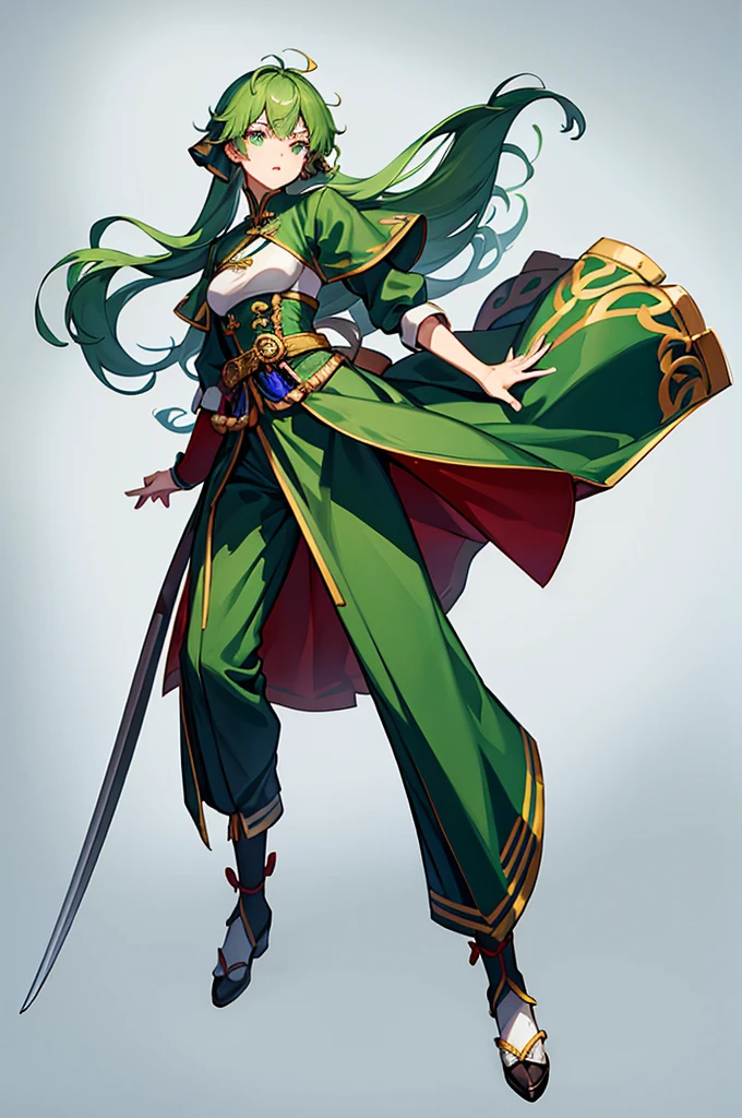 Green Hair、Shortcuts、Small breasts、standing、full body、Fighter、male、Uniform、Chinese Knight、Chinese style、White background、No exposure、China dress、pants、band