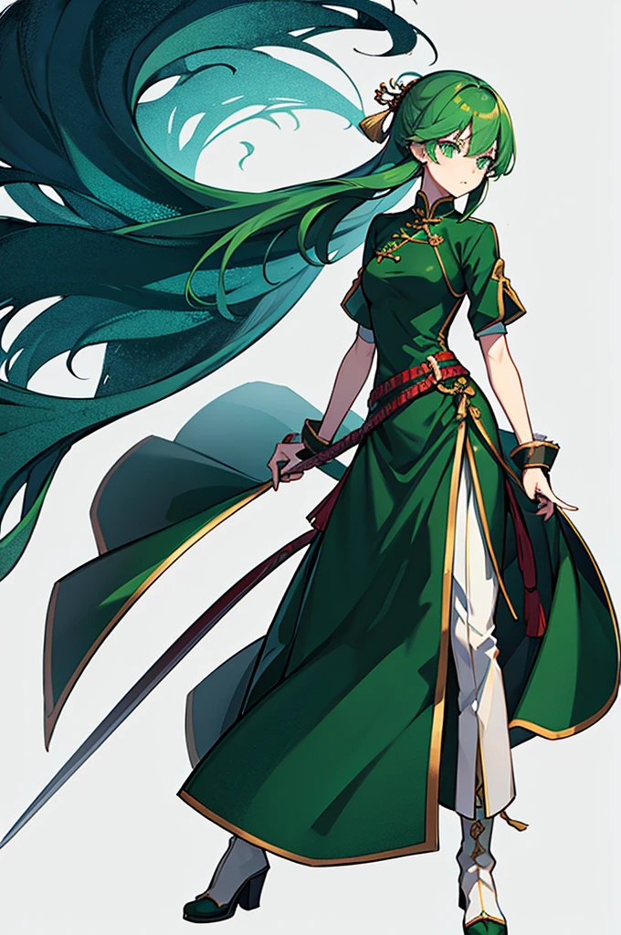 Green Hair、Shortcuts、Small breasts、standing、full body、Fighter、male、Uniform、Chinese Knight、Chinese style、White background、No exposure、China dress、pants、band