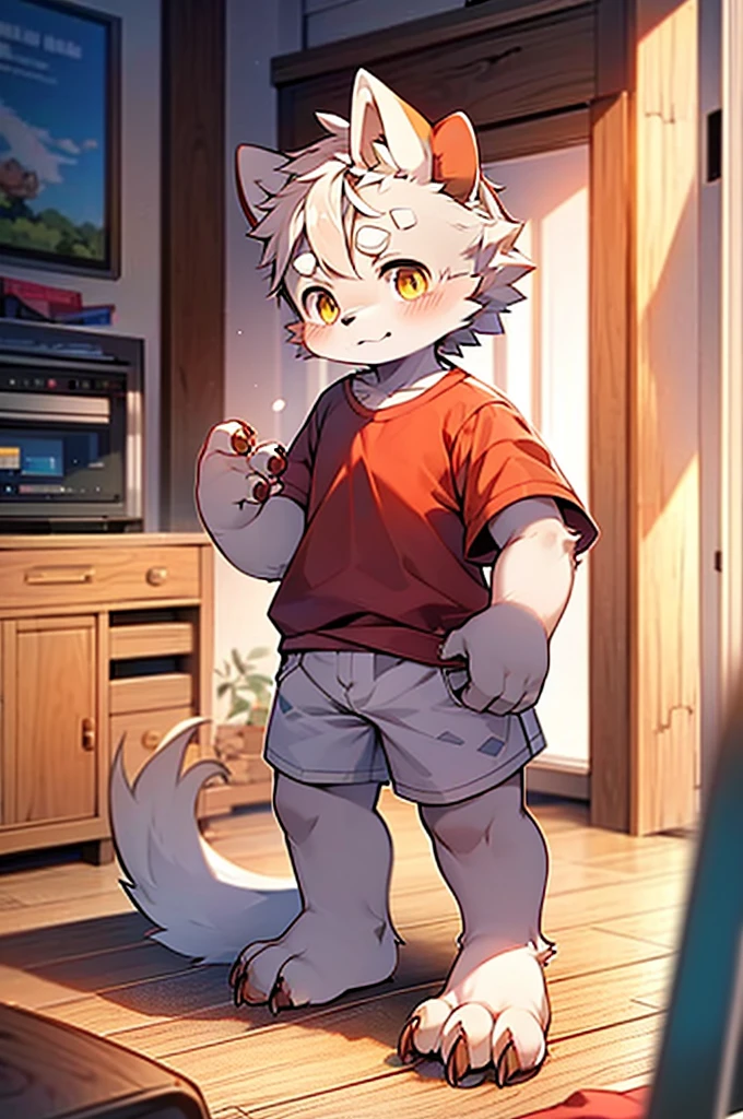 shaggy,grey fur,male people,canid,arctic fox,solo person,sharp talons,Detailed fur,Golden eyes,Thick eyebrows,Fluffy tail,red short sleeves,short white pants,ultra - detailed:1.0,Libido boy,ddlers,(Via Dagasi:1.1),anatomy correct,Red Claw,Bare claws,Barefoot paws,Barefoot paws,standing on your feet,attention