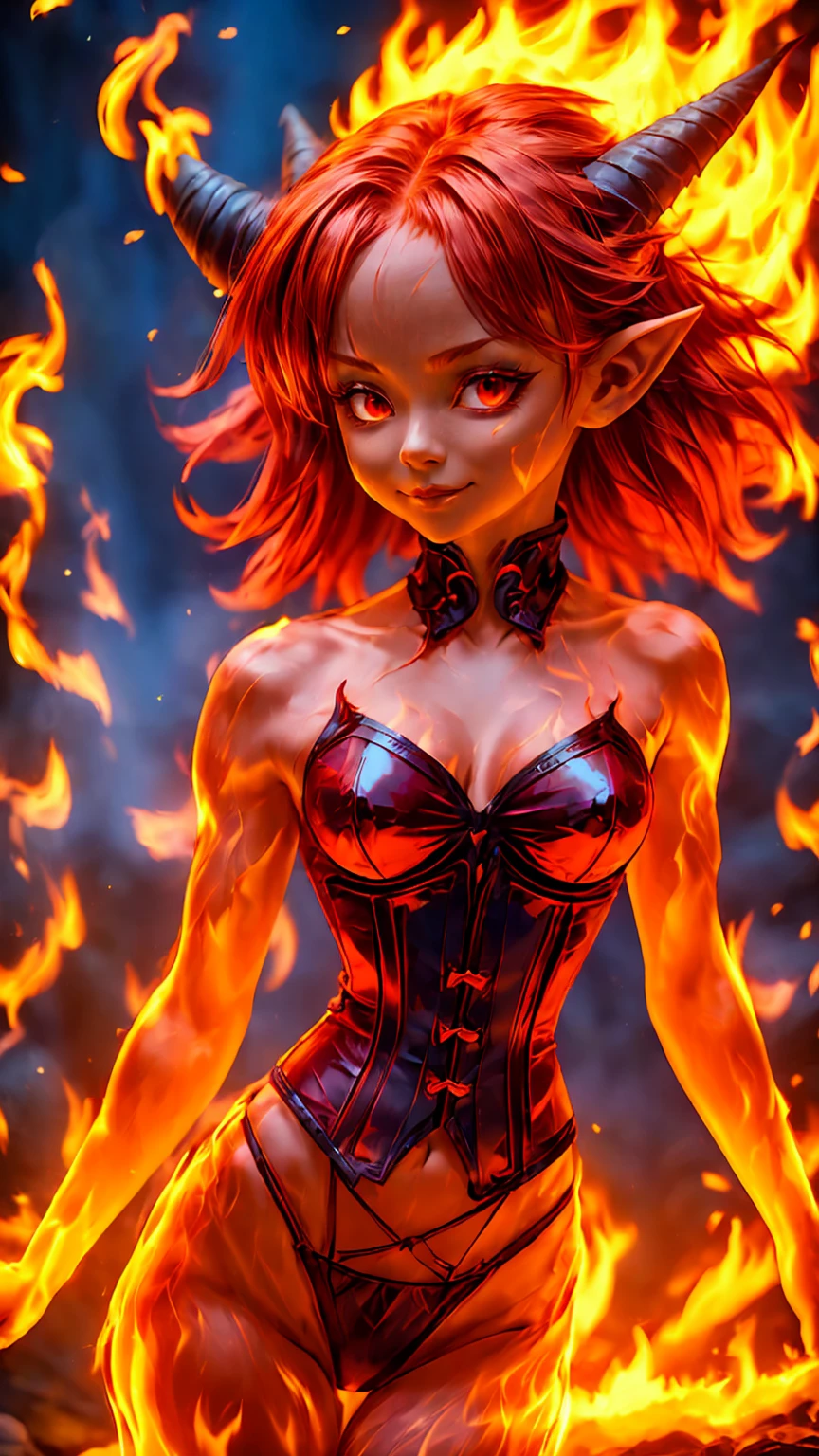 solo, 1girl, ((best quality)), ((masterpiece)), (detailed), 4k, very small red goblin girl, red skin, pointy ears, long straight red hair on fire, bright red eyes, wearing black and red corset and panties, small horns on head, sexy, naughty smile, seductive, turned on, wants sex, on fire