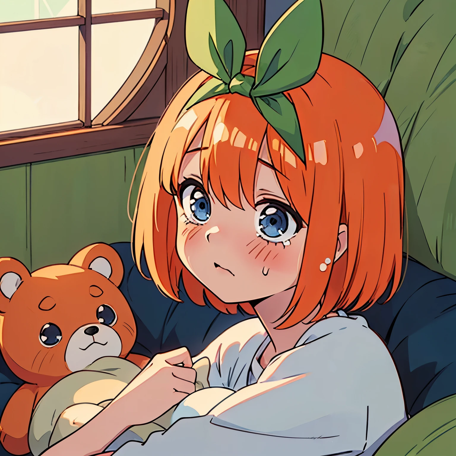 little sad yotsuba, bear ears, cute puffy eyes, cute puffy cheek. yotsuba nakano, yotsuba sitting down, surrounded by pillows, yotsuba hugging a plush. bear plushie, hugging a plushie bear, (1 girl, solo, alone), , sfw, nakano_yotsuba, blue eyes, indigo eyes, aayotsuba, short orange hair, yotsuba from The Quintessential Quintuplets, masterpiece, 4k, ultradetailed, cowboy shot, short orange hair, green ribbon, hair ribbon, blue eyes, innocent, pure, tender, crying into a plushie