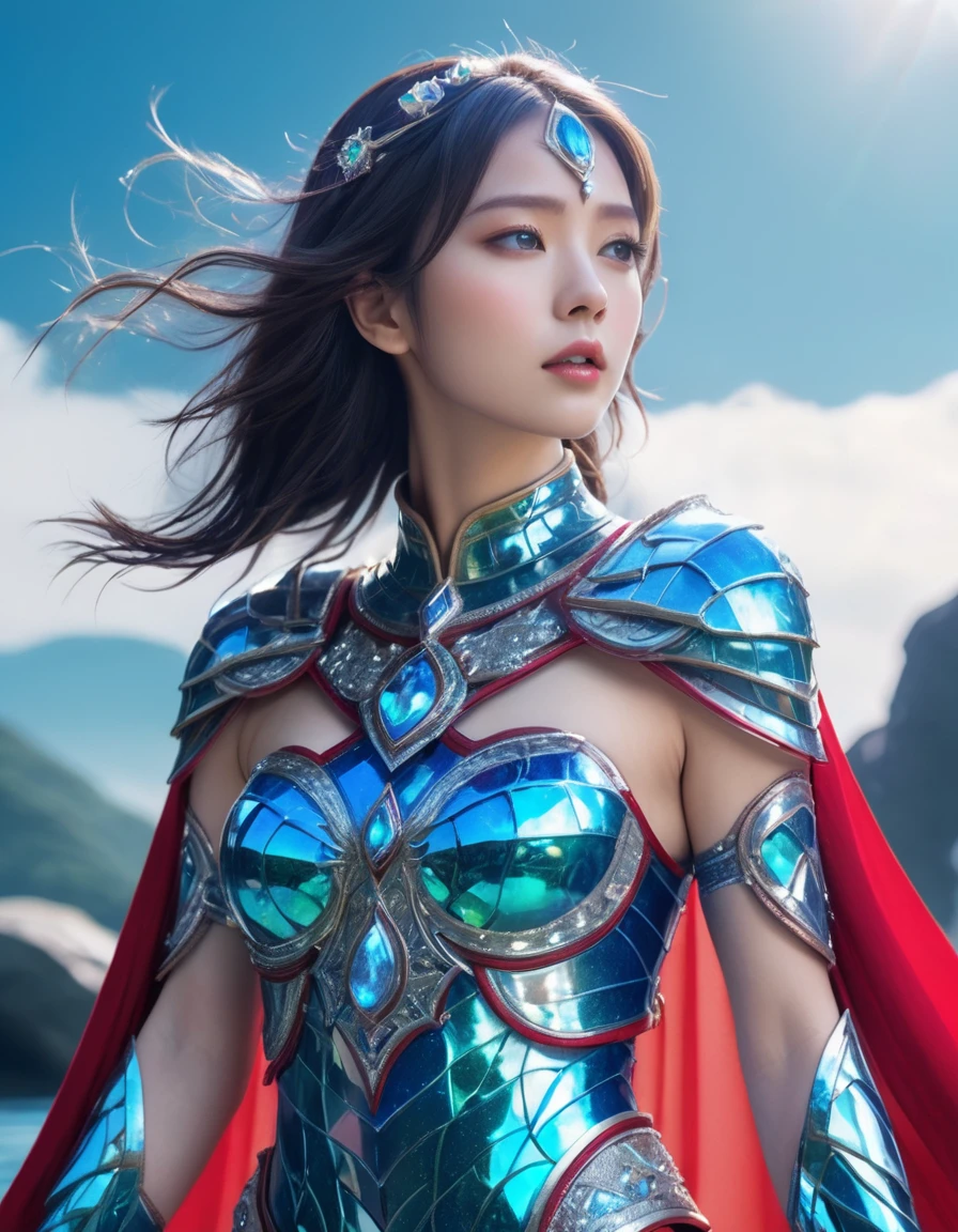 a princess with iridescent and vibrant red and blue mythical armor, swimming suite style celestial armor, cape with gems, wearing gems, icy blue eye, cosmos hair, ancient temple background, milky way sky, exposing body, showing body