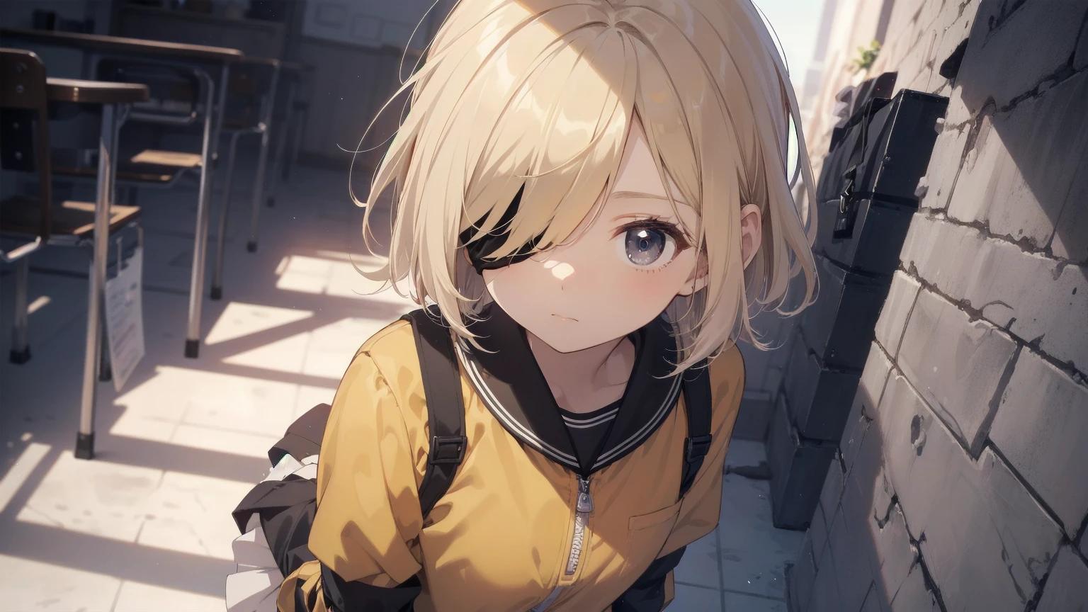 Highest quality, Anime Moe Art Style,Best Anime 8K Konachan Wallpaper,pixiv contest winners,Perfect Anatomy, (Please draw a girl walking sleepily to school...... ),break, 1 Girl, (alone,,,:1.3),high school student, short hair, amount, (Hair above one eye:1.7),All limbs, Full Finger,Medium Chest, Between the legs, Small eyes,accurate black eyes, Very detailed,High resolution,ultra high density skin, Professional Lighting,8K eye detail, (Cute illustrations:1.2),blonde,blonde hair,Expressionless,(Hair on one eye:1.5),Highest quality, Anime Moe Art Style,Best Anime 8K Konachan Wallpaper,pixiv contest winners,Very detailed,High resolution,ultra high density skin, Professional Lighting,8K eye detail, (Cute illustrations:1.2),blonde,blonde hair,Expressionless,(Hair on one eye:1.5),カラフルでカラフルなshort hair,Wearing a yellow apricot colored JK uniform and a white pleated skirt,knee-length white silk,Rin々New and cute,A little sweet