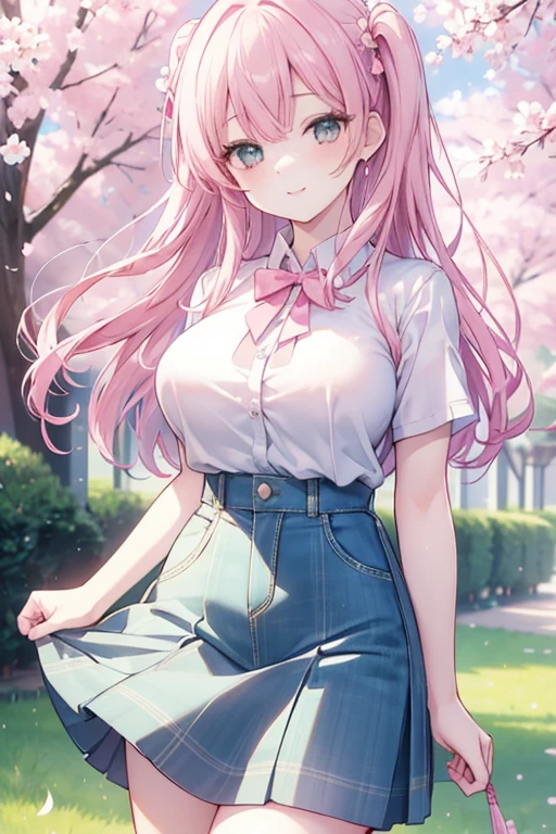 Show your chest,Kaori Hojo, girl, (masterpiece: 1.1), (highest quality: 1.1), upper body shirt, (white shirt: 1.1), (plaid skirt: 1.1), high waist skirt, rest [green grass : pink , :0.5] theme, (Sakura tree background: 1.1), denim lens, break pink, long, green eyes, view, , long low, girl, big breasts, naughty smile