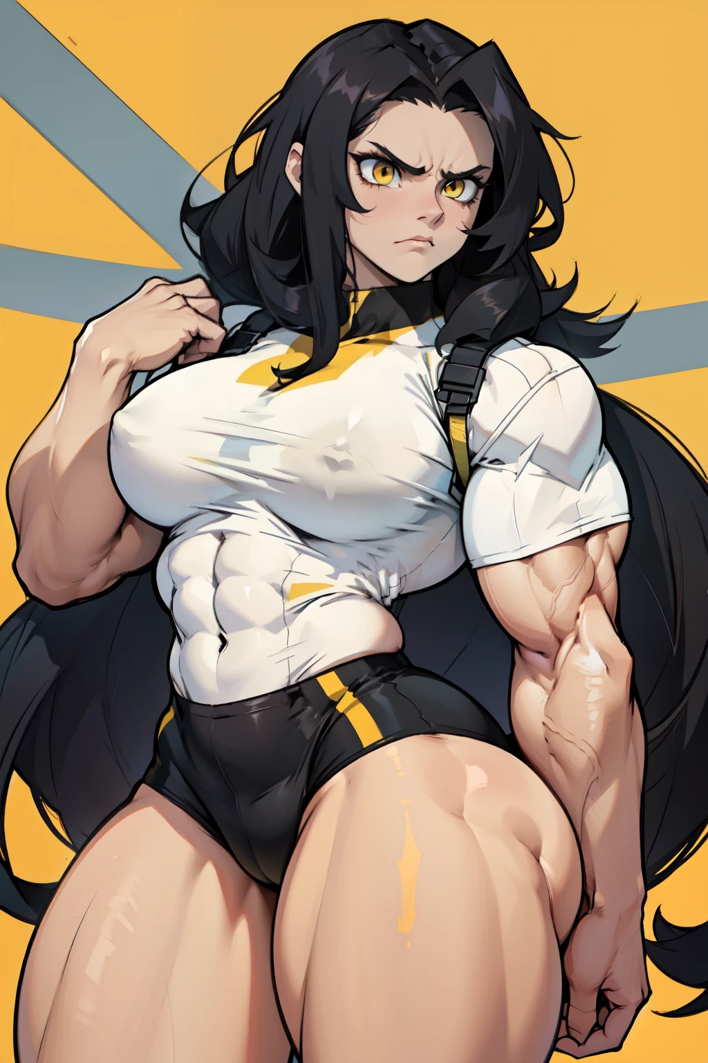 pale skin very long hair 1 girl black hair yellow eyes angry ((1 girl muscular toned body)) bodybuilder curvy wide hips thick thighs tight shirt huge