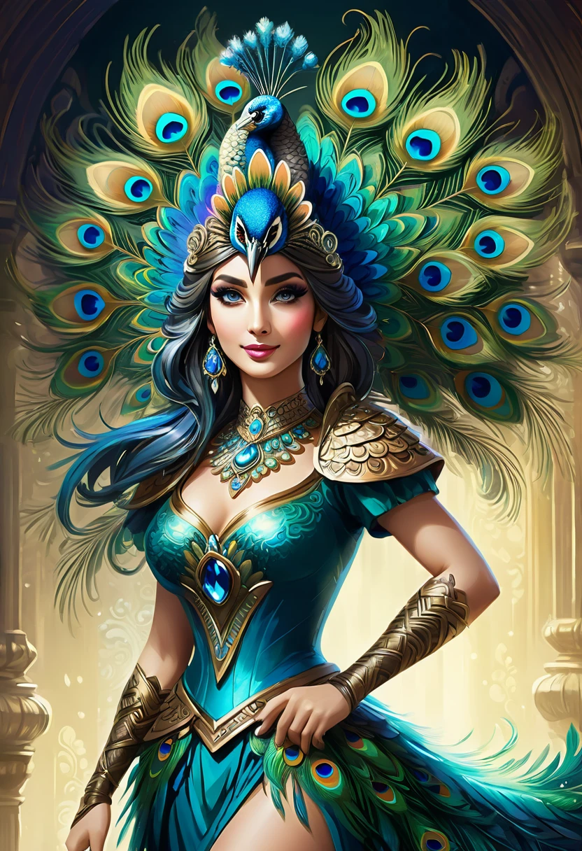 Create an illustrated, hand-drawn, full-color image of an anthropomorphic peacock women. The artwork should be rendered in the style of "Breath of the Wild," featuring warm lighting and shadows. Include graphite shading, stencil marks, and airbrushed acrylic paint effects. dress. The image should be of the highest quality, a masterpiece with intricate details. The peacock women should have a female, humanoid, furry appearance. She should have luscious lips, a wide smile, and bright, expressive eyes, exuding beauty, cuteness, and adorableness. Ensure the image is high resolution and sharply detailed, with a detailed and vibrant background. Incorporate mystical lighting in the background, creating a romantic and enchanting atmosphere.