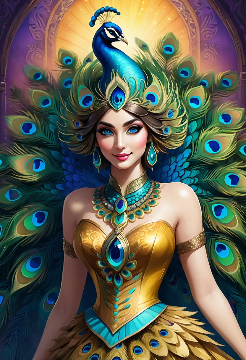 Create an illustrated, hand-drawn, full-color image of an anthropomorphic peacock women. The artwork should be rendered in the style of "Breath of the Wild," featuring warm lighting and shadows. Include graphite shading, stencil marks, and airbrushed acrylic paint effects. dress. The image should be of the highest quality, a masterpiece with intricate details. The peacock women should have a female, humanoid, furry appearance. She should have luscious lips, a wide smile, and bright, expressive eyes, exuding beauty, cuteness, and adorableness. Ensure the image is high resolution and sharply detailed, with a detailed and vibrant background. Incorporate mystical lighting in the background, creating a romantic and enchanting atmosphere.

