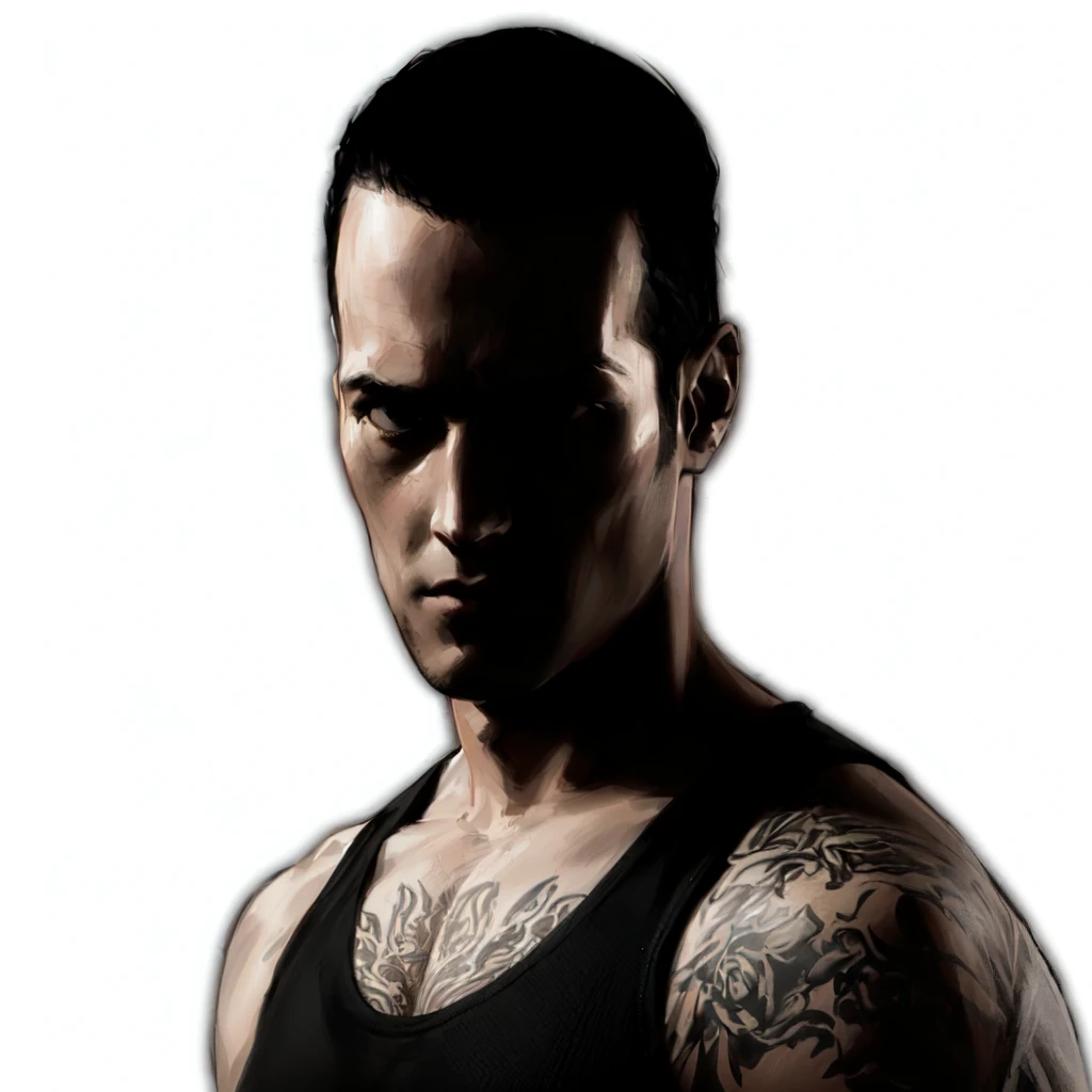 arafed man with tattoos on his arms and chest in a black tank top, dramatic portraiture of uuen, dramatic portraiture of namenlos, realistic face moody lighting, chiaroscuro portrait, Derek Hamilton. 8 k realistic, dramatic intense lighting, dorian cleavanger, Derek Hamilton. realistic, low key dramatic lighting, portrait shot, need for speed character, racing game antagonist