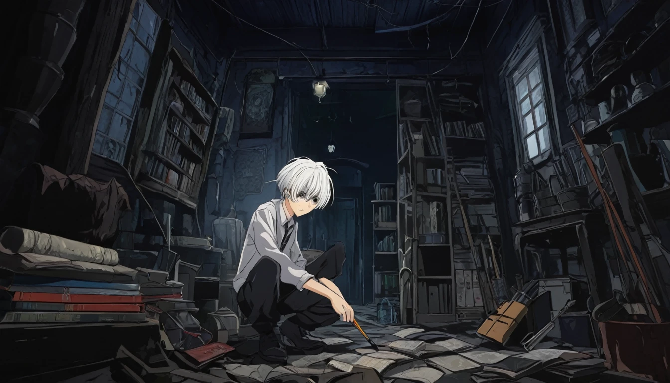 Young white hair stylist boy ayush(anime style) Ayush discovers a hidden corner with a collection of curiosities, including an old, neglected pencil.( Horror anime style)