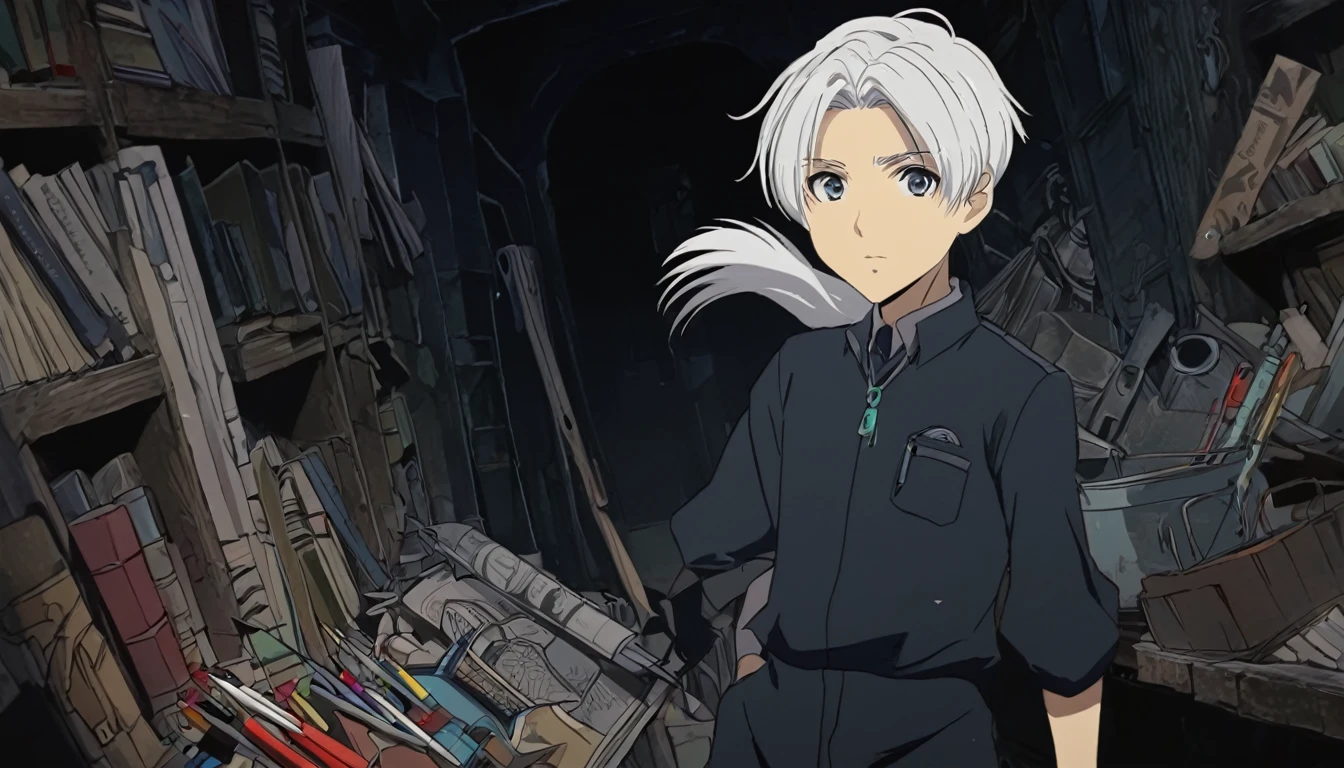 Young white hair stylist boy ayush(anime style) Ayush discovers a hidden corner with a collection of curiosities, including an old, neglected pencil.( Horror anime style)