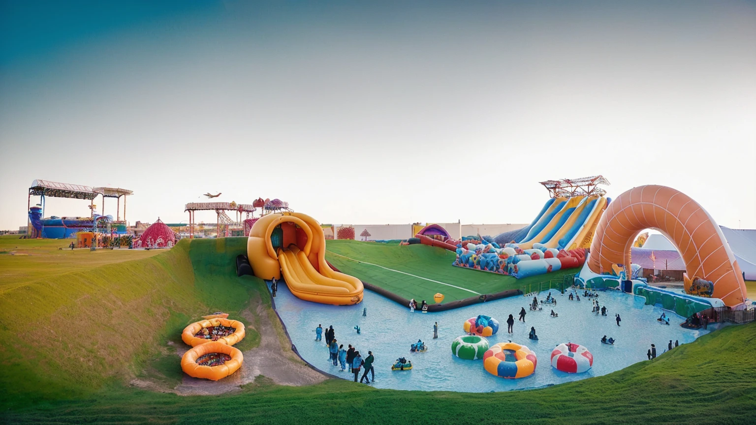 there are many people walking around a large inflatable slide, digger land amusement park, inflatable, fantasy land, amusement park attractions, softair center landscape, softair arena landscape, recreation, theme park, amusement park, warm and joyful atmosphere, children's, water park, having a great time, dubai, inflateble shapes, fantasy village