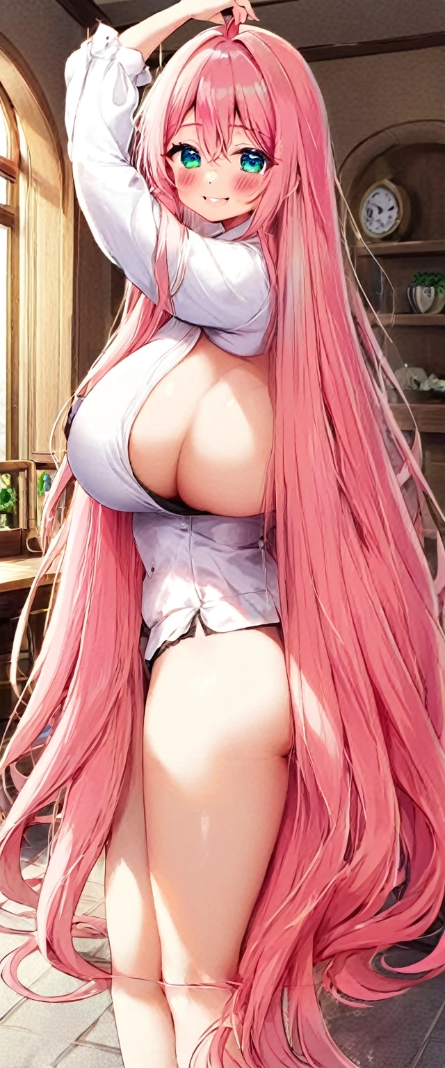 cute girl, super long hair, pink hair, big hair, thick hair, big breasts, big butt, hourglass body, emphasis on hair, emphasis on eyes, emphasis on face, blush, smile, 