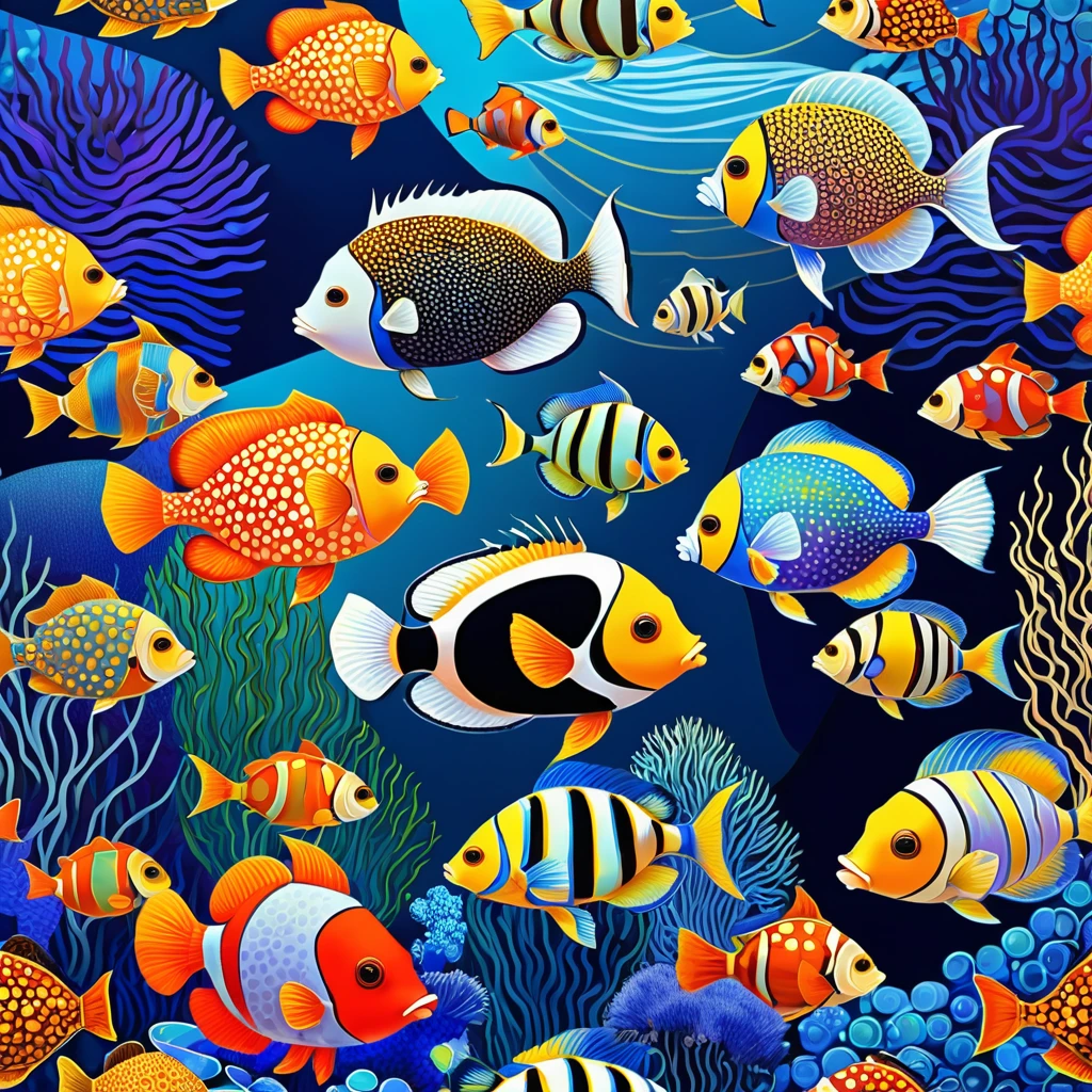 Patchwork by Klimt, Kandinskij of Tropical fish, puffer fish, angel fish,emperor fish, clown fish, porcupine fish, harlequin fish, trigger fish, whales, stylized. warm and cold colors skillfully dosed to recreate an evocative atmosphere. Seascape background, surreal aquarium.