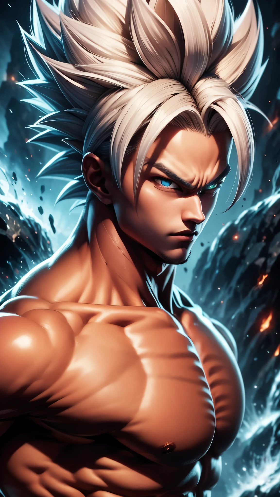 A true masterpiece of masculine beauty. Gohan, super sayagin 5, 20 years old, Wears a martial arts outfit and fights in a haunted and abandoned city, solo. Moonlight accentuates muscles just right. The landscape is lush and mysterious, with a dark city. The camera details everything. When looking at beautiful eyes, attractive blue eyes facing the viewer, one can clearly see every small detail, every perfect line, every detail of beautiful 8K quality skin, everyone is captivated by the beauty. Confidence radiates from every look. His head has white hair and his face is meticulously detailed in 8K quality images. Is a character in the Dragon Ball Seven series.​