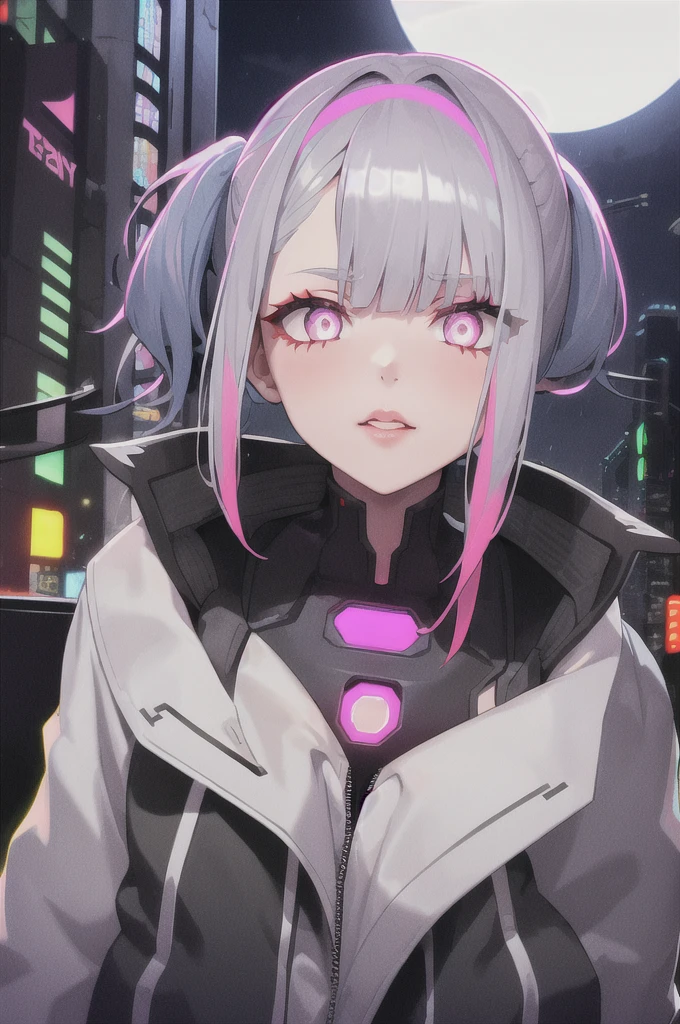 lucy \(cyberpunk\), 1girl, hair scrunchie, hime cut, silver hair, colored tips, full moon, grey eyes, jacket, long sleeves, looking at viewer, medium hair, multicolored hair, parted bangs, parted lips, pink hair, portrait, red eyeliner, red lips, solo, white jacket, cyberpunk \(series\), rainy night in a cyberpunk city with glowing neon lights