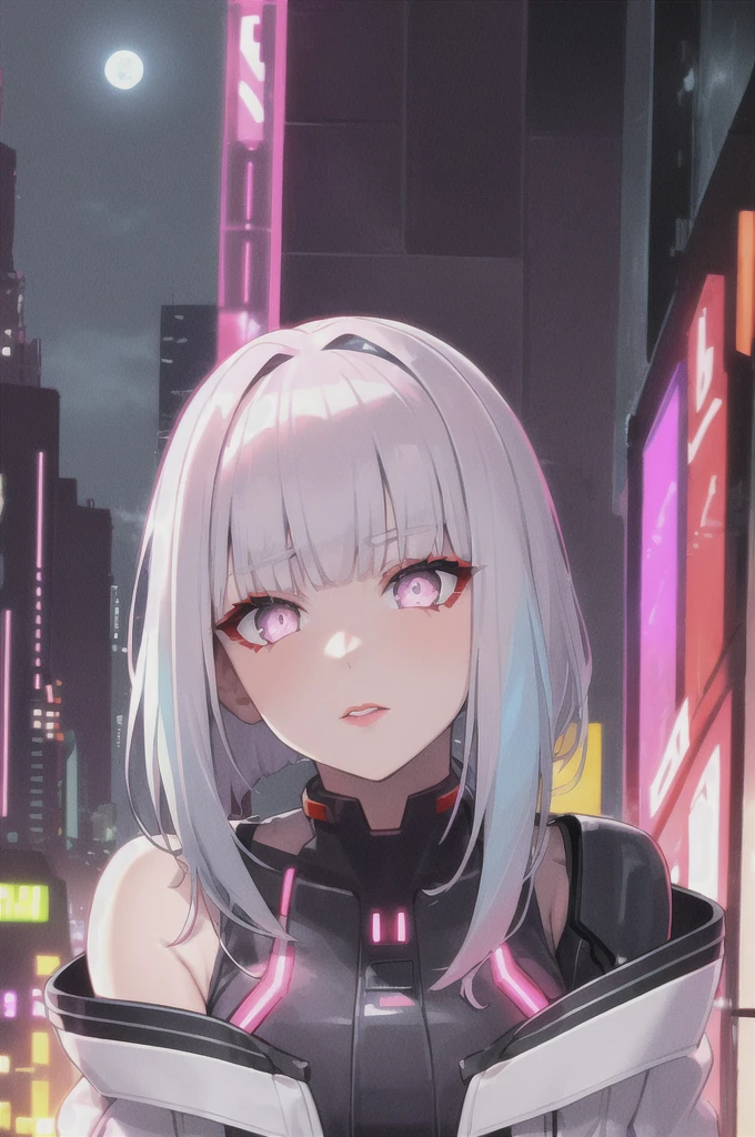 lucy \(cyberpunk\), 1girl, hair scrunchie, hime cut, silver hair, colored tips, full moon, grey eyes, jacket, long sleeves, looking at viewer, medium hair, multicolored hair, parted bangs, parted lips, pink hair, portrait, red eyeliner, red lips, solo, white jacket, cyberpunk \(series\), rainy night in a cyberpunk city with glowing neon lights