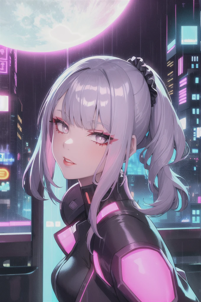 lucy \(cyberpunk\), 1girl,  hair scrunchie, hime cut, silver hair, colored tips, full moon, grey eyes, jacket, long sleeves, looking at viewer, medium hair, multicolored hair, parted bangs, parted lips, pink hair, portrait, red eyeliner, red lips, solo, white jacket, cyberpunk \(series\), rainy night in a cyberpunk city with glowing neon lights

 