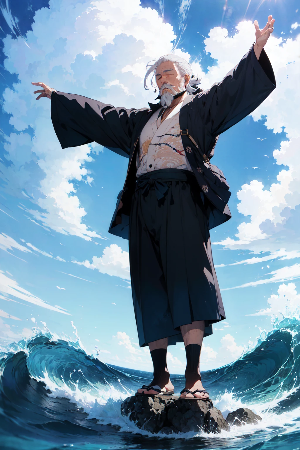 blue ocean, (Japanese old vagabond, white beard, white hair, old Japanese cloth:1.4), closed eyes, standing on sea, full body, panorama view, magnificent view, absurdres, 8k, white detailed clouds, wave