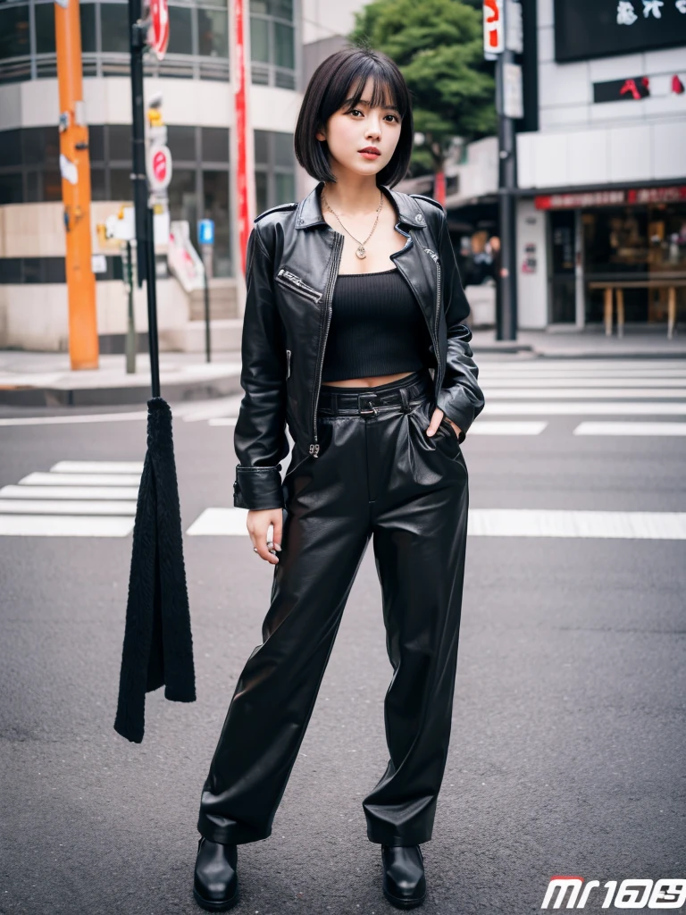 Best Quality, 8k, 32k, Masterpiece, UHD: 1.3), Attractive Japan Woman Pictures, One Girl, (full body : 1.0), Abs, Perfect Body, (leather jacket:1.0),(skirt:1.1),(boots:1.0),Ultra Detailed Face, Detailed Lips, Fine Eyes, Double Eyelids,short hair,Disheveled Hair,Beautiful japan girl wearing a black robe jacket wearing a black shirt and black trousers wearing sandals and a black chopper necklace, showing off her slim stomach, black hair, photo in the city (masterpiece) 8k