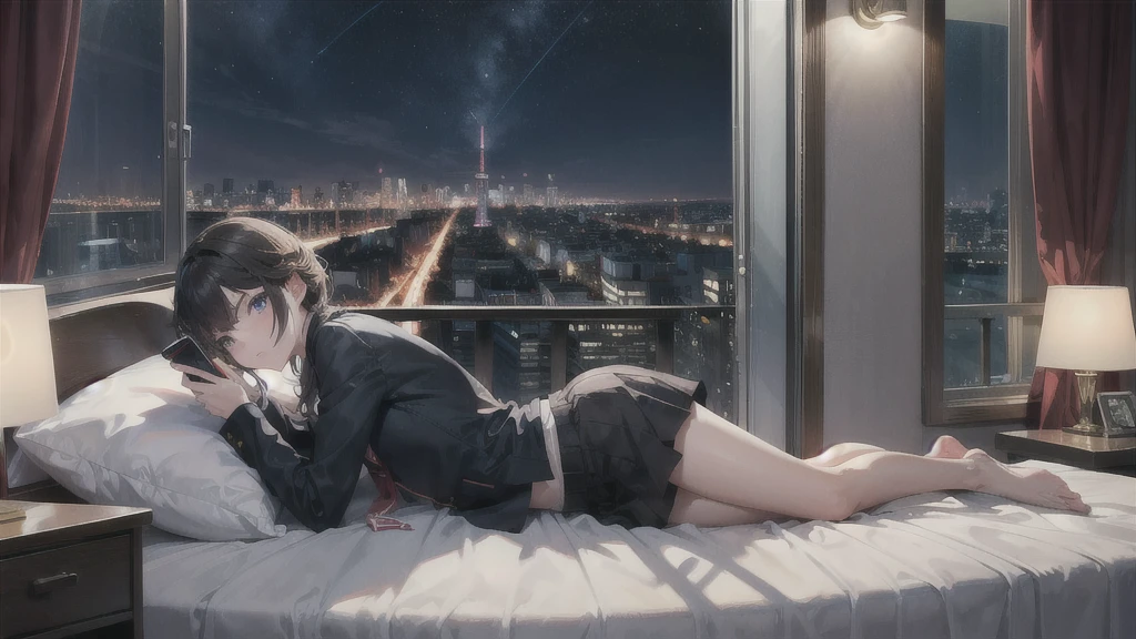 Highest quality(8k)masterpiece、Time: Night(1.8)He is lying on the bed by the window and talking on his cell phone.(1.8)Clothing is high school uniform(1.8)The night view can be seen from the window(1.8)、A room in a high-rise apartment with very large windows(1.8)It's dim in the room.(1.8)、One girl、Very cute、Best Style、Hairstyle(long(1.8))The room is a high school girl's room(1.8)、There are no curtains、Overall image(2.0)