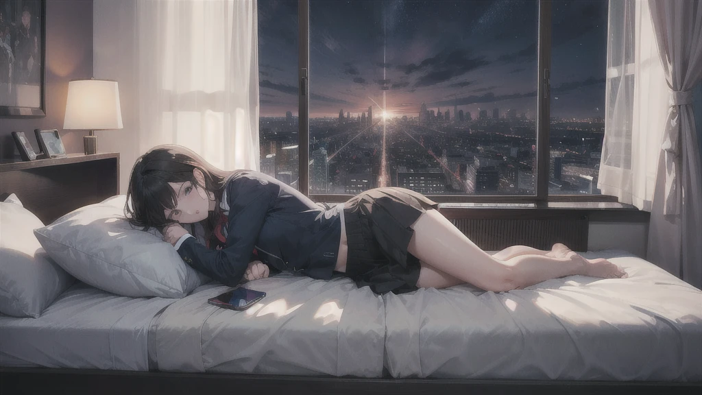 Highest quality(8k)masterpiece、Time: Night(1.8)He is lying on the bed by the window and talking on his cell phone.(1.8)Clothing is high school uniform(1.8)The night view can be seen from the window(1.8)、A room in a high-rise apartment with very large windows(1.8)It's dim in the room.(1.8)、One girl、Very cute、Best Style、Hairstyle(long(1.8))The room is a high school girl's room(1.8)、There are no curtains、Overall image(2.0)