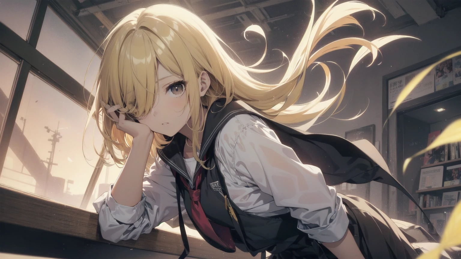 Highest quality, Anime Moe Art Style,Best Anime 8K Konachan Wallpaper,pixiv contest winners,Perfect Anatomy, (Please draw a girl walking sleepily to school...... ),break, 1 Girl, (alone,,,:1.3),high school student, short hair, amount, (Hair above one eye:1.7),All limbs, Full Finger,Medium Chest, Between the legs, Small eyes,accurate black eyes, Very detailed,High resolution,ultra high density skin, Professional Lighting,8K eye detail, (Cute illustrations:1.2),blonde,blonde hair,Expressionless,(Hair on one eye:1.5),Highest quality, Anime Moe Art Style,Best Anime 8K Konachan Wallpaper,pixiv contest winners,Very detailed,High resolution,ultra high density skin, Professional Lighting,8K eye detail, (Cute illustrations:1.2),blonde,blonde hair,Expressionless,(Hair on one eye:1.5),カラフルでカラフルなshort hair,Wearing a yellow apricot colored JK uniform and a white pleated skirt,knee-length white silk,Rin々New and cute,A little sweet