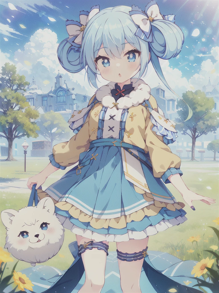 Masterpiece,high quality,high resolution,(((1girl,独奏)))Blue Hair, Twin tails, Hair between the eyes, 紫のhair bow, eyebrows visible through hair,Floating Island,grassland,Are standing,