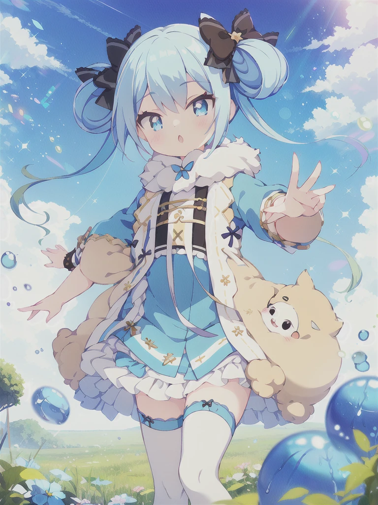 Masterpiece,high quality,high resolution,(((1girl,独奏)))Blue Hair, Twin tails, Hair between the eyes, 紫のhair bow, eyebrows visible through hair,Floating Island,grassland,Are standing,