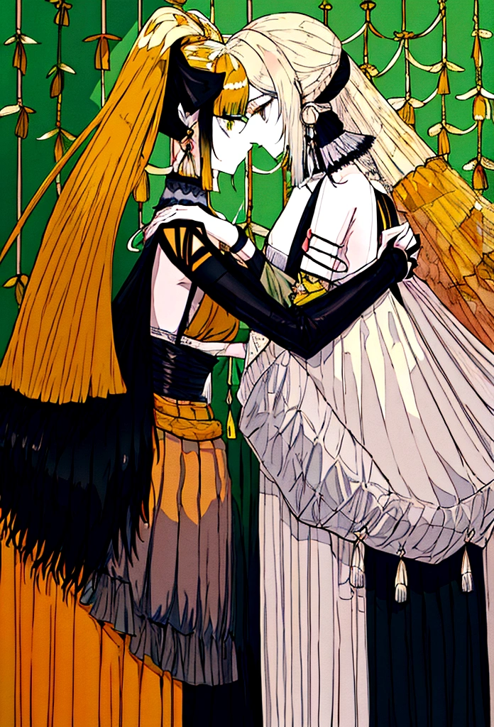 Tall young man, thin with pale skin, expression would be, unkempt black hair of uneven lengths sticking out in piglets around her head and she wears it in a low, messy ponytail, His bangs fall over his eyes, forming uneven bangs., dark sapphire eyes. Wear a haori divided in half with two different patterns: the right a solid dark red and the left a geometric pattern of green rhombuses, Orange and yellow. Accompanied by a short girl with pale skin, blonde with messy shoulder-length hair that hangs partially in front of her face and half-closed black-iris eyes, wears a light green haori with darker seed-shaped patterns, a ambos se los ve desde la cintura hacia arriba teniendo un hug romántico y tranquilo, hug, boy and girl, romance
