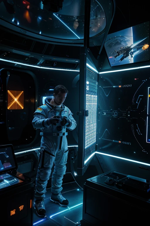 He is doing research on a virtual LED screen , he touches the virtual images with his fingers on the virtual LED screen, In the image we have 2 Astronauts in space uniform piloting a spacecraft, view inside the spacecraft. A humanoid robot is nearby helping.