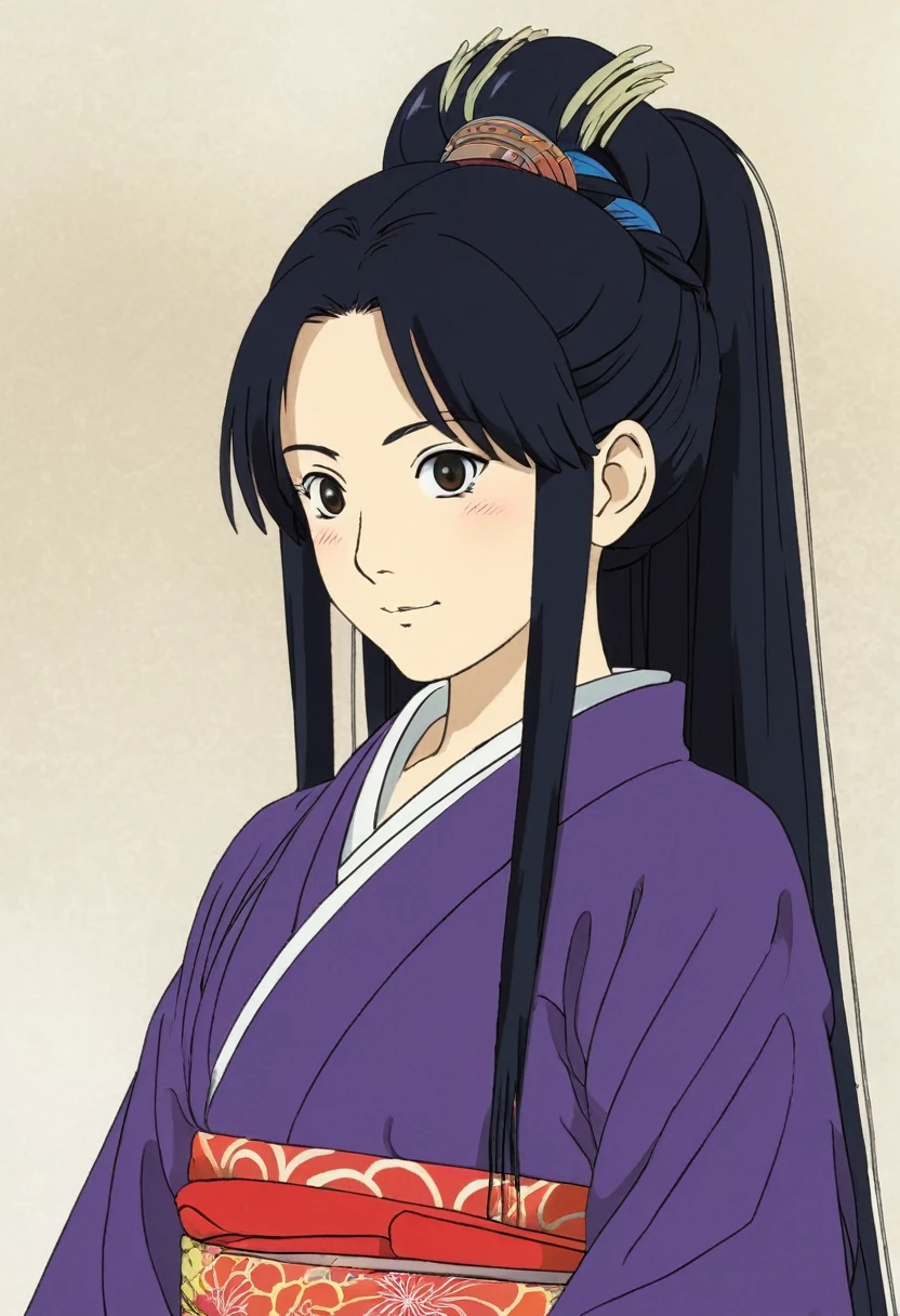 A Ghibli's studio character (2D). She have long black hair tied. She wears traditional dark oiran clothes . she seems cold