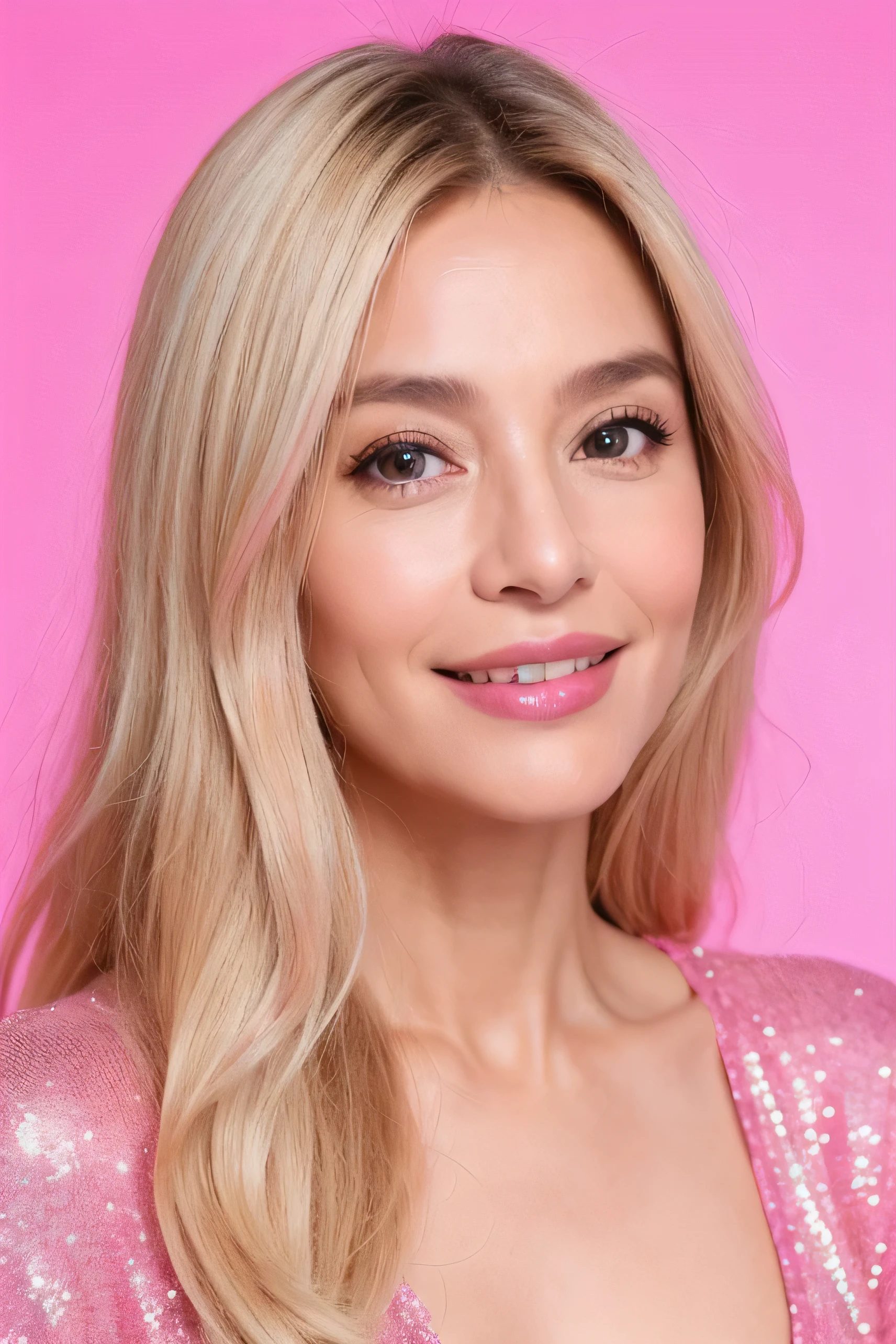 face perfect, beautiful face of a blonde woman 40 years old, with pink background,with beautiful smile, ela pisca 😉 pra câmera
