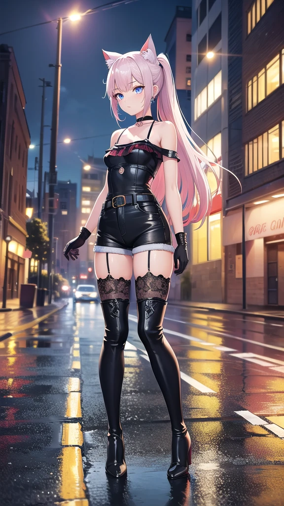 Masterpiece, top quality, best quality, official art, beautiful and aesthetic, anime, 1girl,extremely detailed, colorful, more detailed ((ultra-detailed)), (highly detailed CG illustration),Best Quality, High resolution, Unity 8k Wallpaper, (Illustration:0.8), (Beautiful detailed eyes:1.6), extra detailed face, Perfect Lighting, extremely details CG, (Perfect hands, Perfect Anatomy),city,street,night,wet road,reflections,lights,red long hair, cat ears,ponytail,blue eyes, barrette,black choker,earrings,skinny fit,medium breast,lace gloves,shoulders, small ass,white blouse,jeans shorts,over the knee boots, in center, staying in front to camera, from below, full body shot.