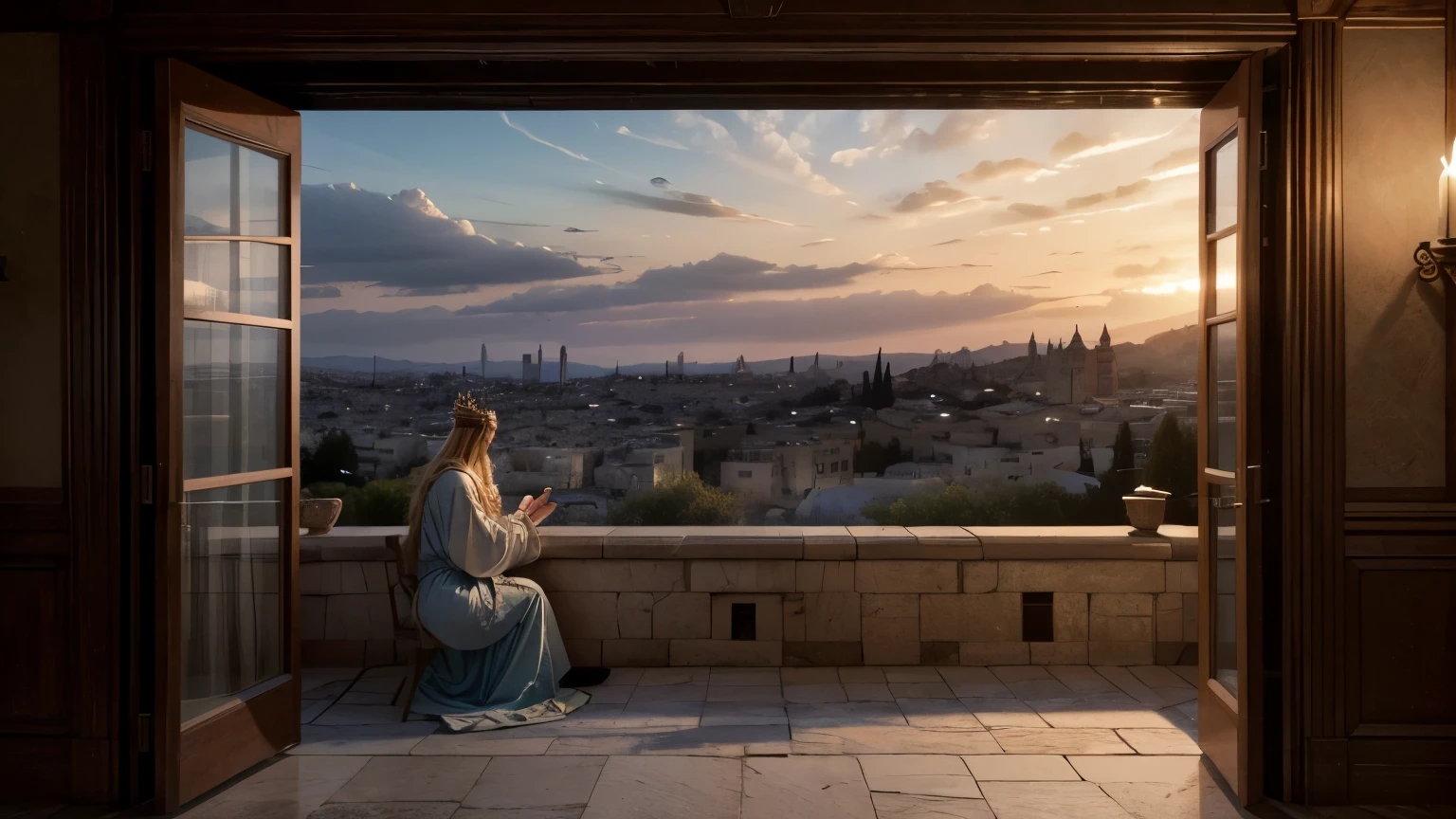 Ultrarealistic scene depicting King David gazing at Bathsheba from the terrace of his palace. The ancient city of Jerusalem is shown at dusk, with David dressed in royal robes, displaying an expression of contemplation. The image is rendered in vivid color and high detail to meet the specifications of a photograph taken by a Panasonic Lumix G Leica DG Nocticron 42.5 mm f/1.2 lens. The scene aims to achieve photorealism, with an epic composition, depth of field, and hyper-detail. Designed for editorial photography, the image features super-resolution 16k, UHD, HDR qualities. Conceptual art, soft, intricate, photorealistic, 16k UHD image, surreal atmosphere."
