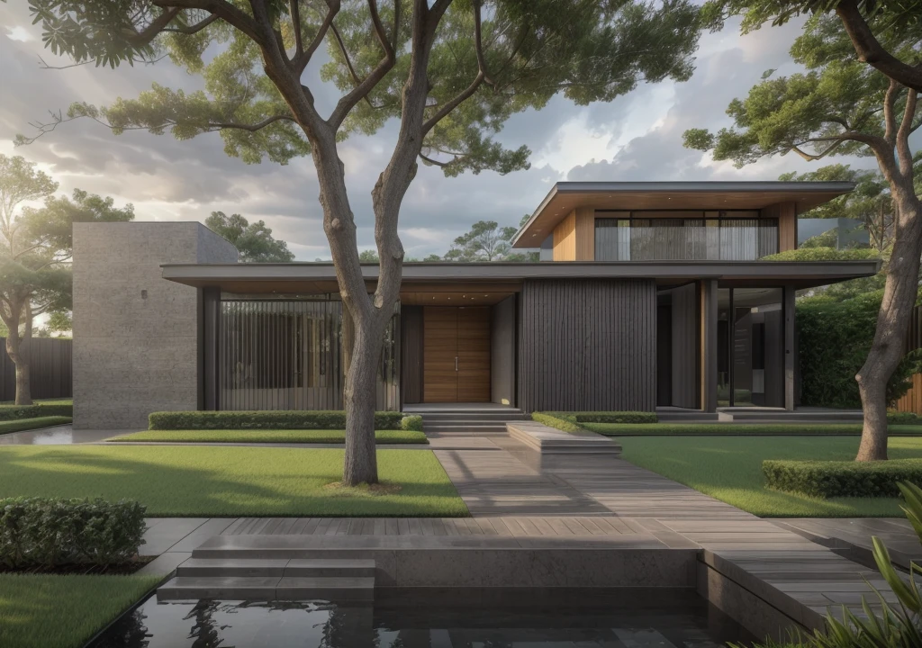 RAW photograph taken with the Nikon D7500 + AF-S DX NIKKOR camera, 18mm lens, ultra-wide, overhead angle, 8K, top quality, HDR,(masterpiece, best quality:1.2), Morden Industry villa, extremely high realism, extreme realism, lamp temperature 9,000K, at 8 am, on a very cold morning with (((strong and heavy rain))) and a (((completely gray sky))). In the forest, (((natural lawn and bush ground))), (((Realistic big tree and bush))), the modern villa with a natural wood bridge walkway and trees in the front yard, detailed rendering.