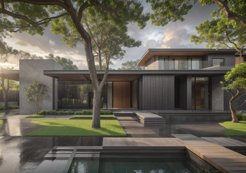 RAW photograph taken with the Nikon D7500 + AF-S DX NIKKOR camera, 18mm lens, ultra-wide, overhead angle, 8K, top quality, HDR,(masterpiece, best quality:1.2),  Morden Industry villa, extremely high realism, extreme realism, lamp temperature 9,000K, at 8 am, on a very cold morning with (((strong and heavy rain))) and a (((completely gray sky))). In the forest, (((natural lawn and bush ground))), (((Realistic big tree and bush))), the modern villa with a natural wood bridge walkway and trees in the front yard, detailed rendering.