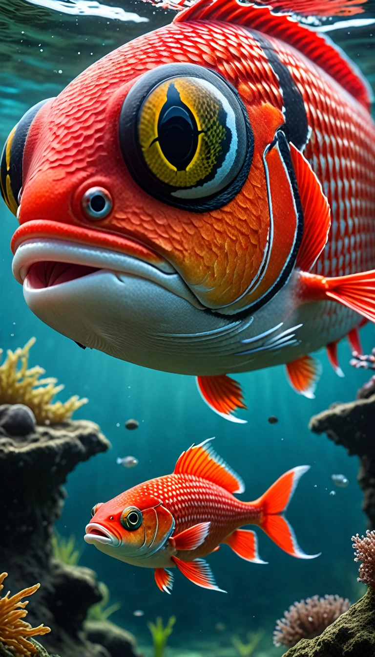 Panorama,There is a red fish in the water,Has a human-like face,Mysterious Creatures, shrike, (best quality,4K,8K,High level,masterpiece:1.2),Ultra Detailed,(lifelike,Photo real,Photo real:1.37),Highly detailed animals,Complex patterns,Realistic lighting,Fantasy Creatures