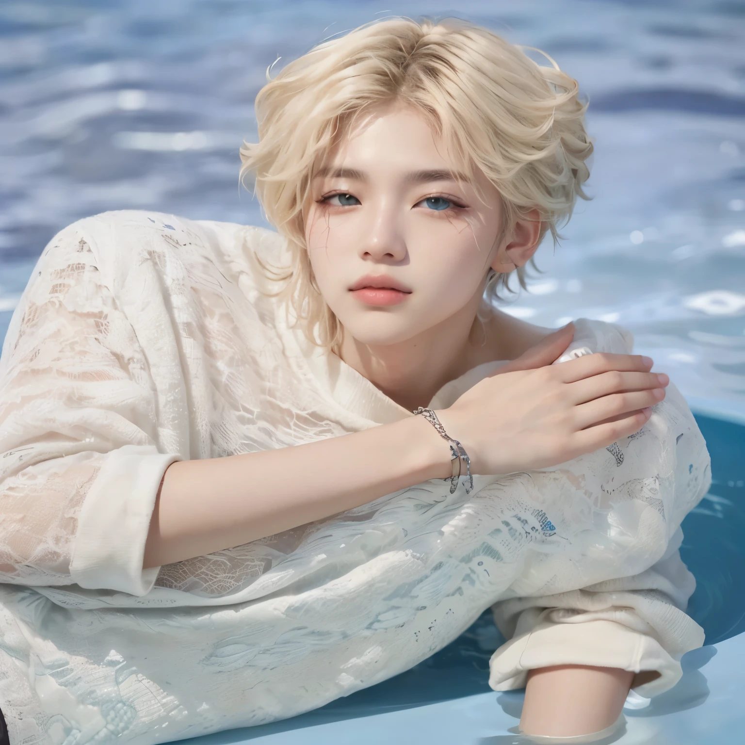 a close up of a person sitting on a blue surface, under the water, portrait of kpop idol, big blue eyes, light and bright skin, inspired by , delicate androgynous prince, ocean inspired, fishes in the background
