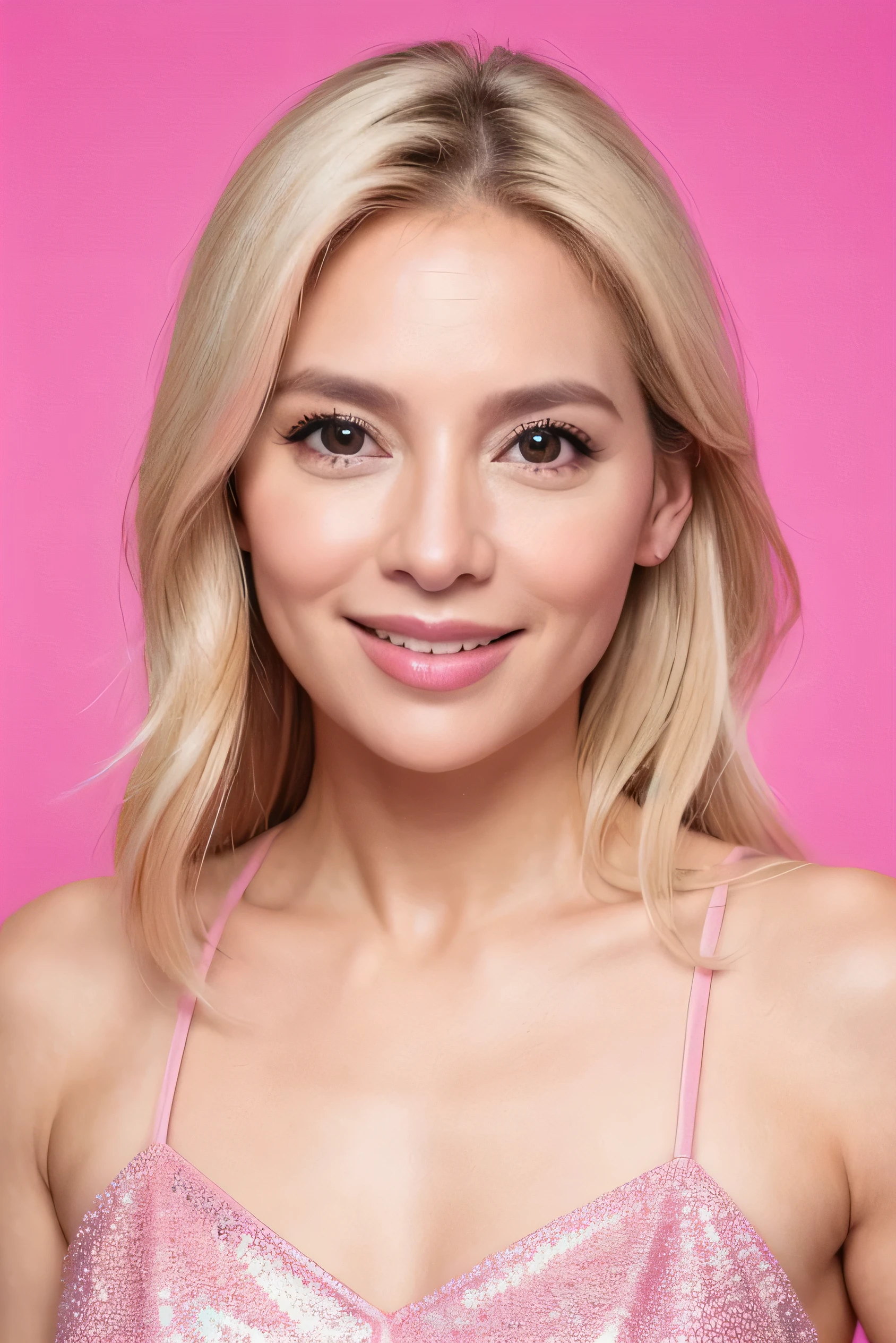 face perfect, beautiful face of a blonde woman 40 years old, with pink background,with beautiful smile, ela pisca 😉 pra câmera 