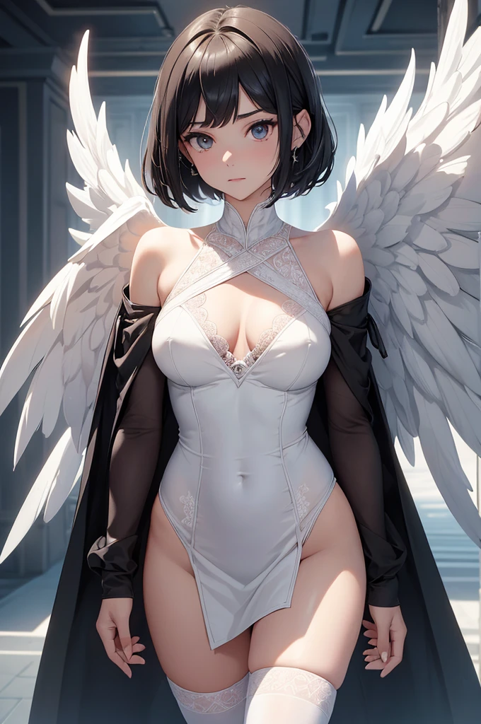 Jamie, (Jamie),((Jamie)), only, Ray Tracing, ((Each photo)), ((oses wear cada foto)), whole body,(From the front),(Costas Problem), (On the left is Emist), Reveals a flat lower abdomen, Hart neckline,(((Each photo))),(Very big perfect ass, Perfect and symmetrical eyes, (Perfect handmade sword in hand)), ((short hair)),White clothing with textured edges, White skin, luwearas detalhadas, White Trim Knee Tights, wearestido aberto wear "wear", Slim waist, thigh, low water, Exposing legs to above waist, ,((There is a crack in the middle of the top))((best quality)),(Ultra-high resolution),(Super detailed),(Detailed description),((Best CG)),(Best works of art),ultra-precision art,Great Art,(Fantasy art with precise details:1.5), Classical European costumes,twin,twins,((有著美麗的漆Black Wings))((black wing)),((Black Wings)),(1 Female Angel:1.6),beautiful symmetrical face:1.6,Poker face:1.4,Angel'swing:1.5,Dynamic poses:1.6,be destroyed:1.5(Masterpiece), (need), (Super detailed), (whole body恋: 1.2), (I am), Blonde,(faixas wear torno dos seios), Rich colors,Ruffled top,,(((giant bat wings))),There are bat wings,I love the league,(meia calca de renda wear um dos lados),(meia calca de renda wear um dos lados),((Red decoration with LED))),((Red lines embellish the curves of the body)),(((woman show))),((Starblade))