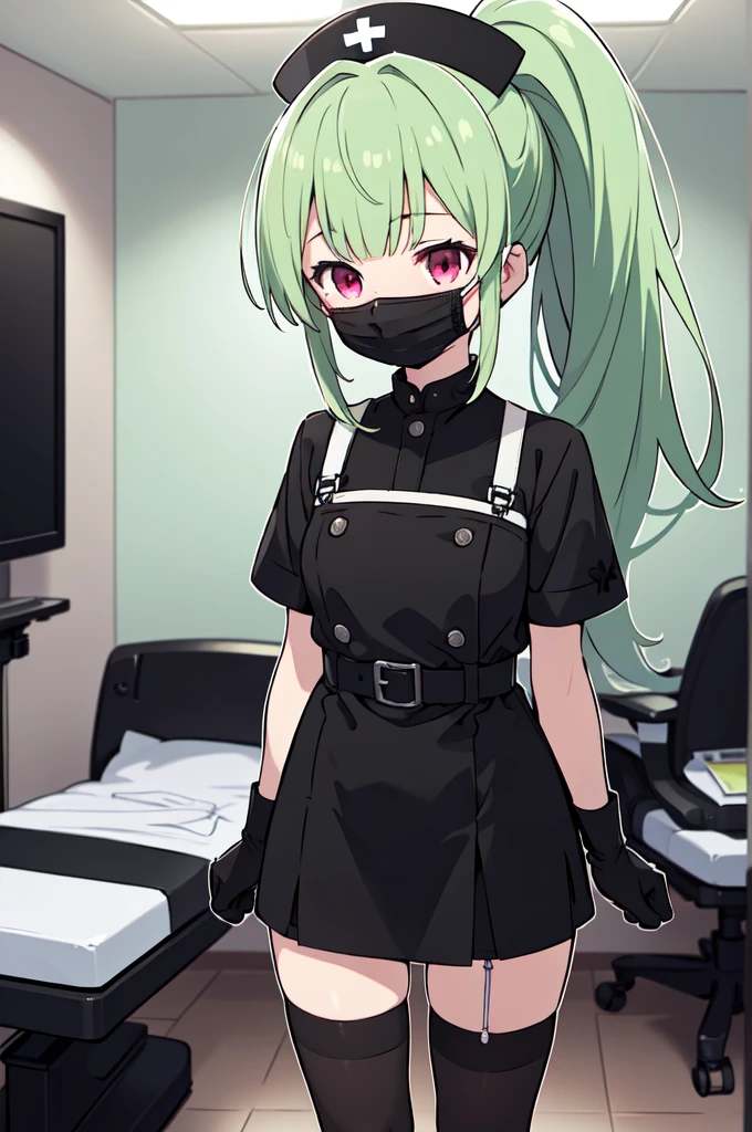 black nurse, 1girl, solo, black nurse cap, black nurse uniform, ((black legwear, zettai ryouiki)), black elbow gloves, ponytail, green hair, pink eyes, ((black surgical mask, covered nose)), standing, ((surgery room)), sharp outline, short sleeves, best quality, masterpiece