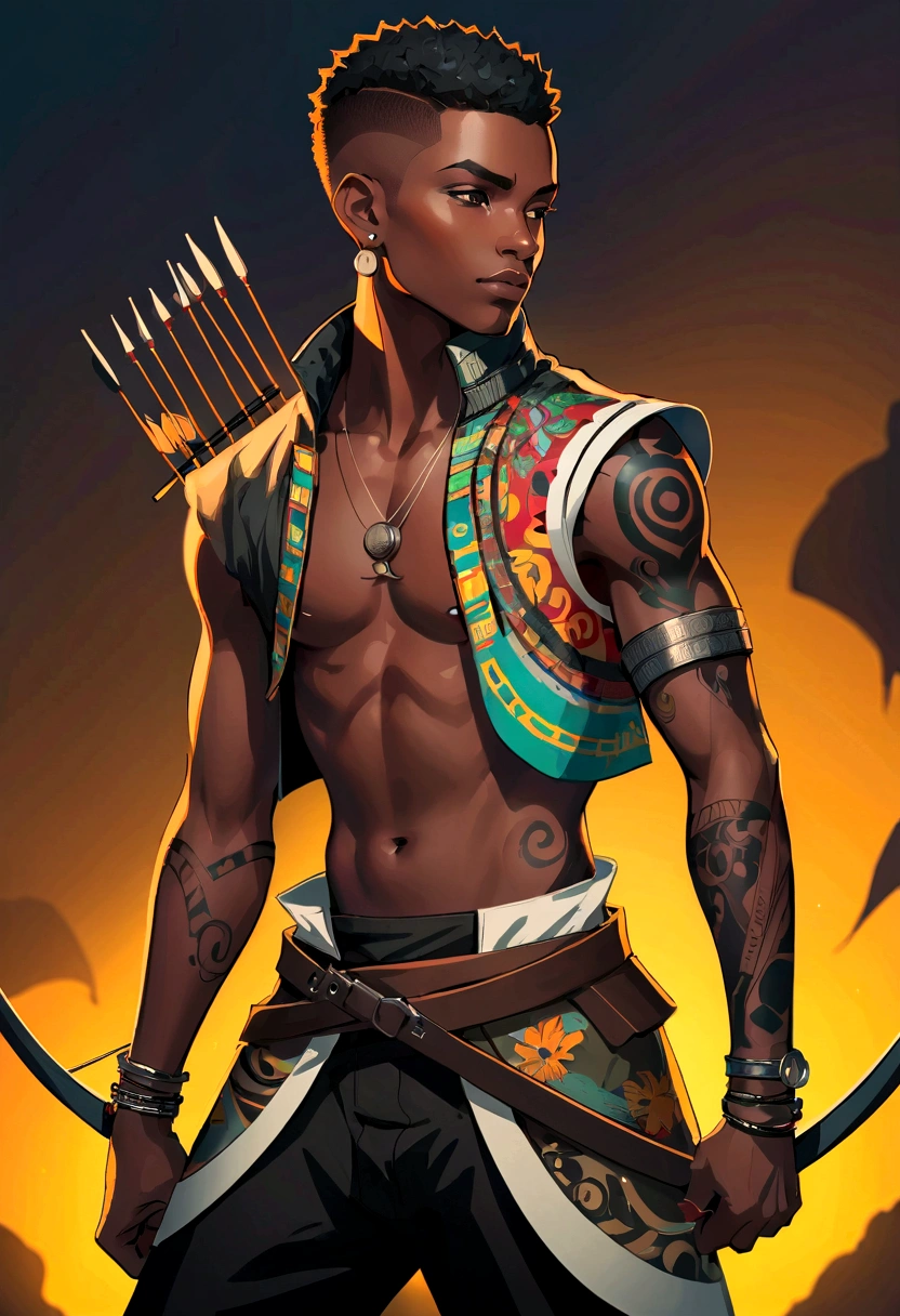 Anime style African archer boy full body:1.2, Wearing an African vest jacket and black pants, In a dark environment with high contrast. There are multiple tattoos on the left and right arms