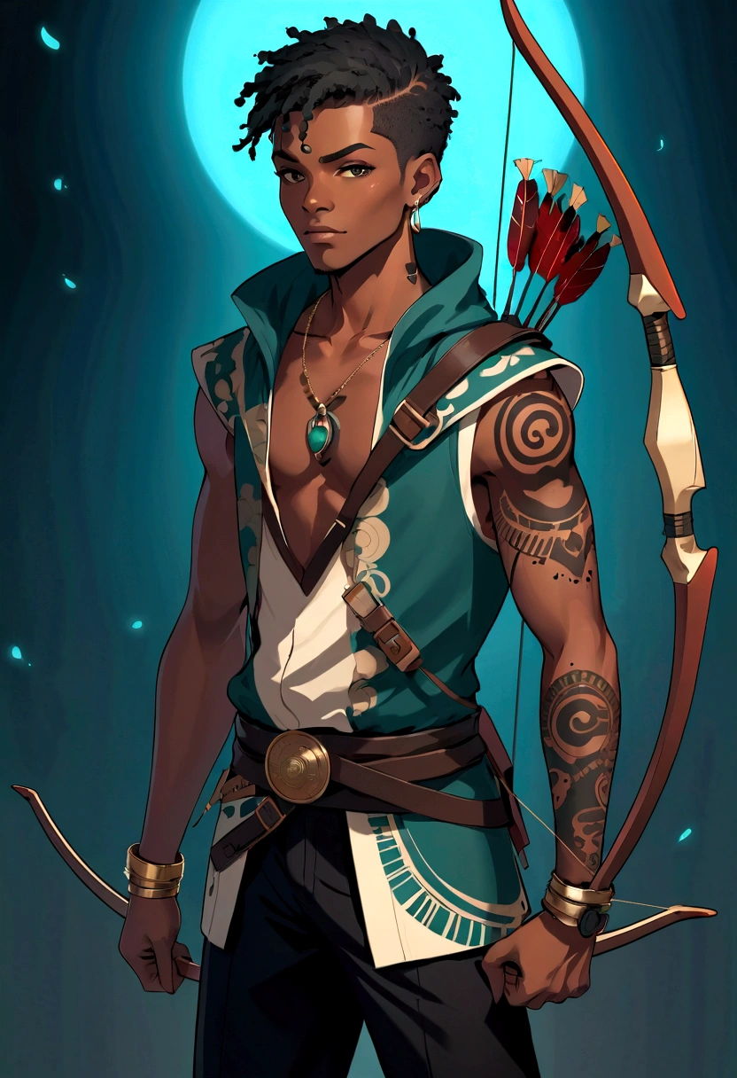 Anime style African archer boy full body:1.2, Wearing an African vest jacket and black pants, In a dark environment with high contrast. There are multiple tattoos on the left and right arms