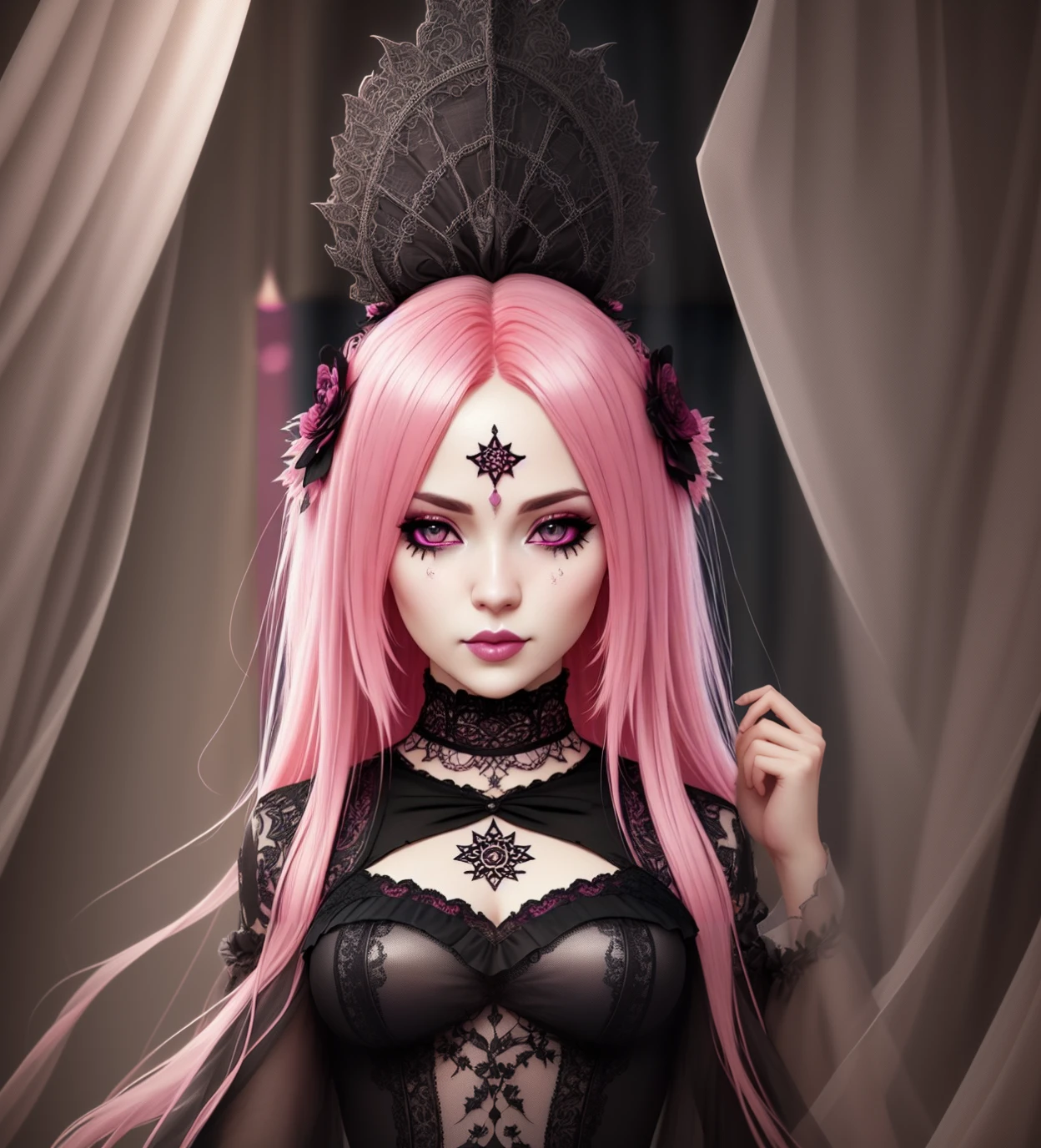 complete the gothic costume and have it in a gothic castle background