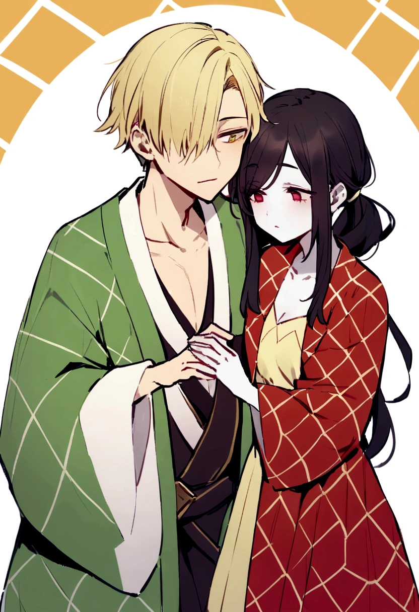 Tall young man, thin with pale skin, expression would be, unkempt black hair of uneven lengths sticking out in piglets around her head and she wears it in a low, messy ponytail, His bangs fall over his eyes, forming uneven bangs., dark sapphire eyes. Wear a haori divided in half with two different patterns: the right a solid dark red and the left a geometric pattern of green rhombuses, Orange and yellow. Accompanied by a short girl with pale skin, blonde with messy shoulder-length hair that hangs partially in front of her face and half-closed black-iris eyes, wears a light green haori with darker seed-shaped patterns, a ambos se los ve desde la cintura hacia arriba teniendo un hug romántico y tranquilo, hug, boy and girl, romance