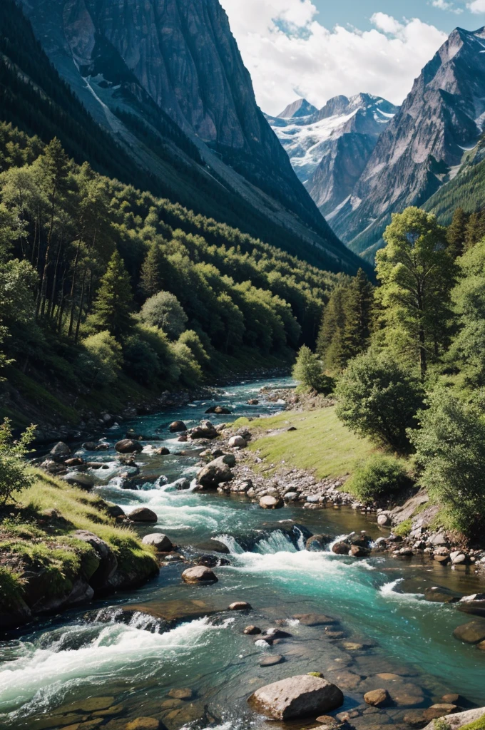 A serene mountain landscape with a river running through it.