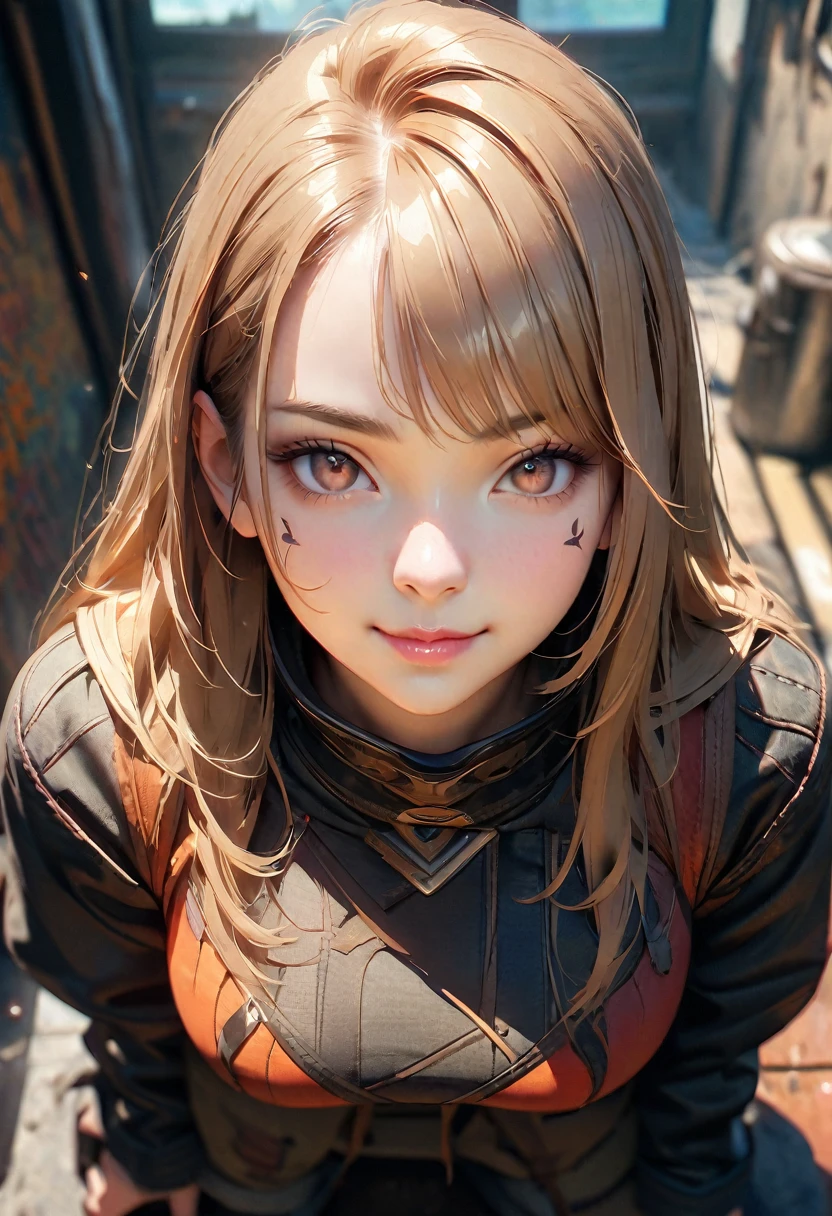 (Highest quality, 8K, 4K, High resolution, masterpiece:1.2), Very detailed, Anime Style:0.9, Realistic, Bright colors, Written boundary depth, Blurred Background, cowboy_shot, alone, 1 female, (Light brown hair, Long Hair, Asymmetrical bangs, Dark brown eyes), Beautiful facial details, Beautiful Eyes, Long eyelashes, Soft lips, (Small face), smile, Squat, Looking up, Camera work from above, bird'S perspective, ((Playboy Bunny, Fishnet tights:1.2, Bunny ears, High Leg, High Leg leotard, 白leotard:1.1, leotard)), bar, night club, night,