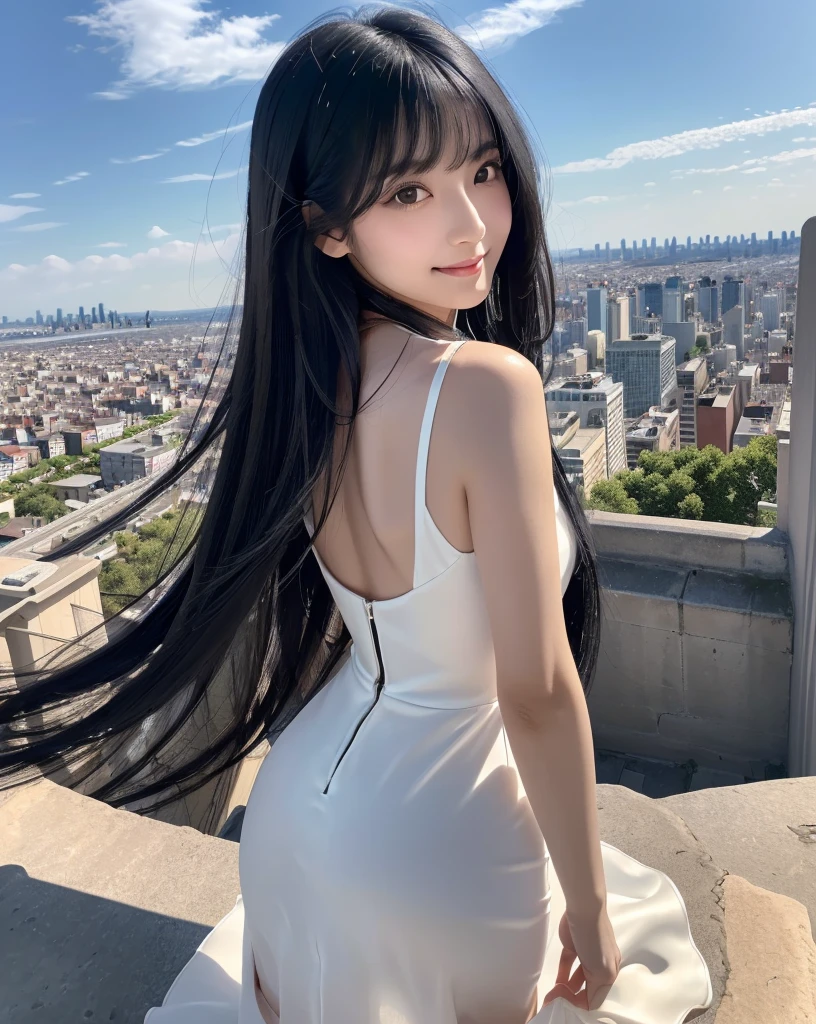 (Highest quality, 32k, High resolution, Masterpiece:1.5, ), marimo_jet, Overlooking the vast landscape, Evoking a sense of calm and elusive beauty, Expressing emotions, Have a rich imagination,Beautiful Japanese Girls, An exceptionally beautiful face, ((Photographed from behind at an angle:1.4)), Small Face Beauty, Perfect Human Anatomy, Magical big eyes, Motherhood and generosity, Deep Love, A profile of a fleeting smile, ((Shiny black hair:1.4)), Super long straight silk hair swaying in the wind, Asymmetrical bangs, Hair between the eyes, Transparent, soft white skin, Sharp eyebrows, Thin lashes, Natural Makeup, Cheek highlighter, Pale pink detailed lips, ((Black dress:1.3)), Slim figure with ample breasts, High resolutionの美しい太もも, ((Looking out over the big city from the top of a tower:1.6)), ((Detailed blue sky and clouds in summer:1.2)), ((Distant Horizon:1.3)), Professional Lighting, Professional photographer, Professional models, mysterious